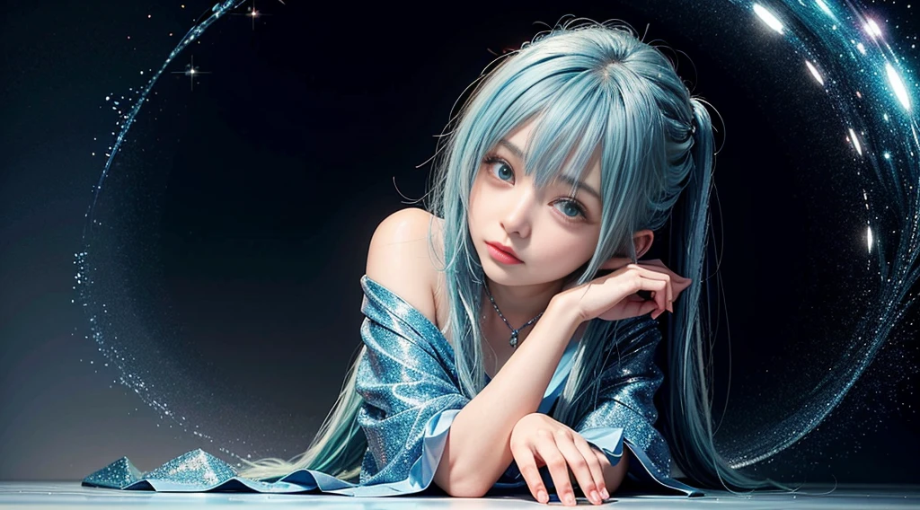 Best AI Image Generation Creator，masutepiece，lightblue hair，large round eyes，stare、mirai、cute little，glitter liquid dress，Lie down、Halation、Sunlight、misty glitter