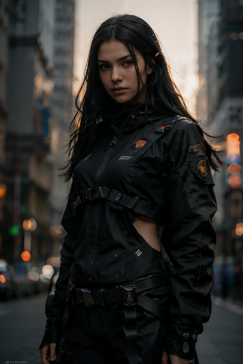 photorealistic:1.4, masterpiece, best quality, solo, Detailed face:1.2, perfectly proportions, photos realistic, ,Photo of mature Ukraine gamer girl, raw , long black hair, techwear, blurry background, eye focus, cowboy shot, huge city background, facing front, dramatic light, cinematic light, realistic, realism