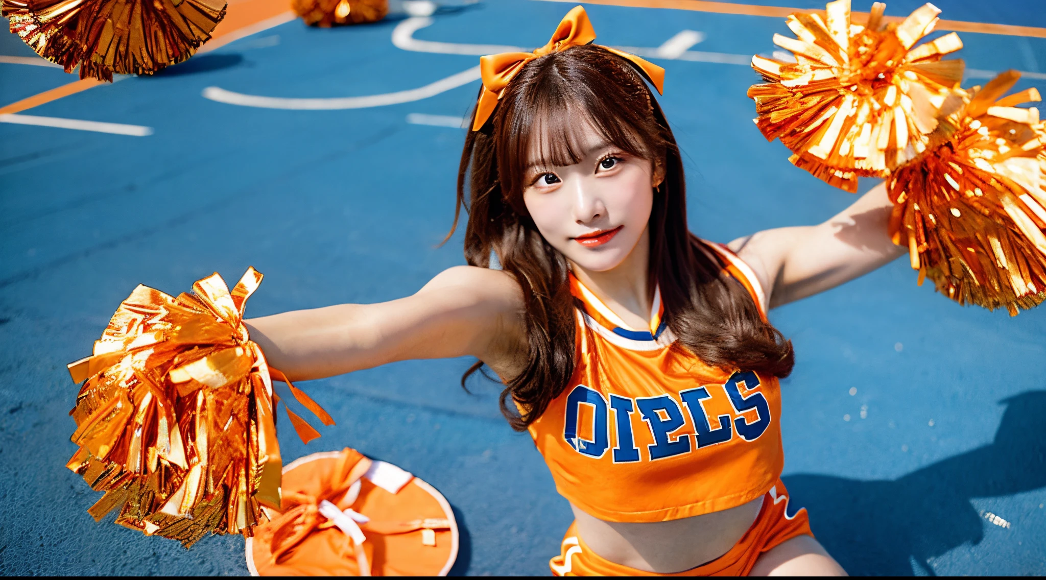18 year old cheerleader in orange miniskirt