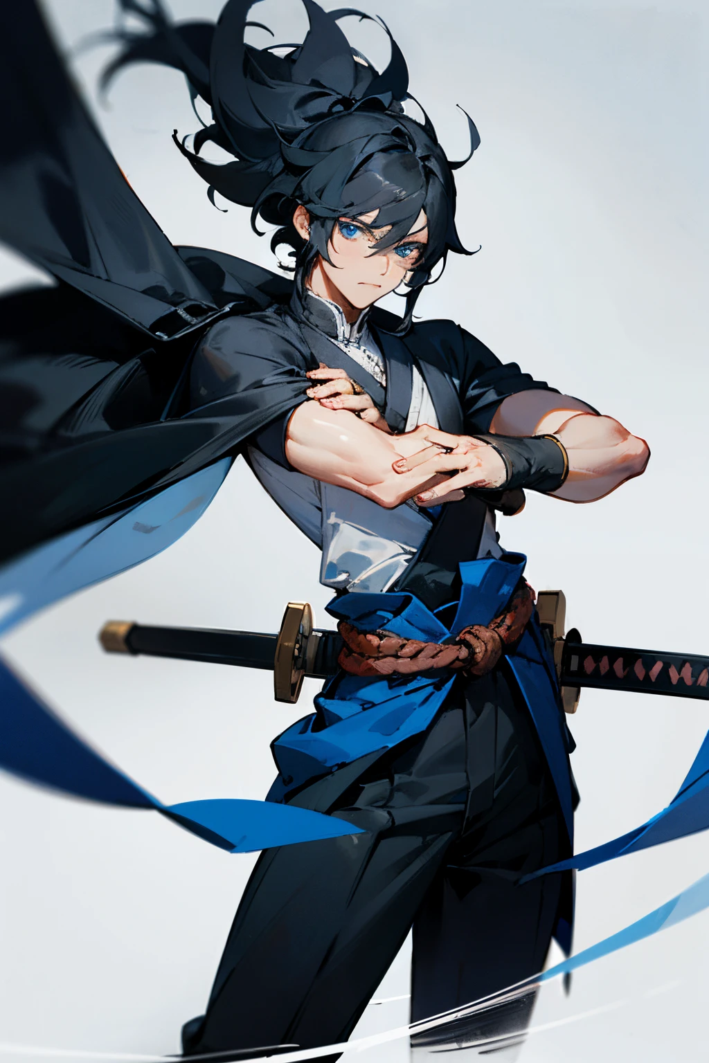 Inosuke hashibira, anime guy with blue hair and no shirt holding a sword, handsome guy in demon slayer art, gapmoe yandere, (sfw) safe for work, badass anime 8 k, handsome japanese demon boy, okata kazuto, handsome anime pose, gapmoe yandere grimdark, muscular!!, male anime character, 2 d anime style, long black pants, close up, close up face,