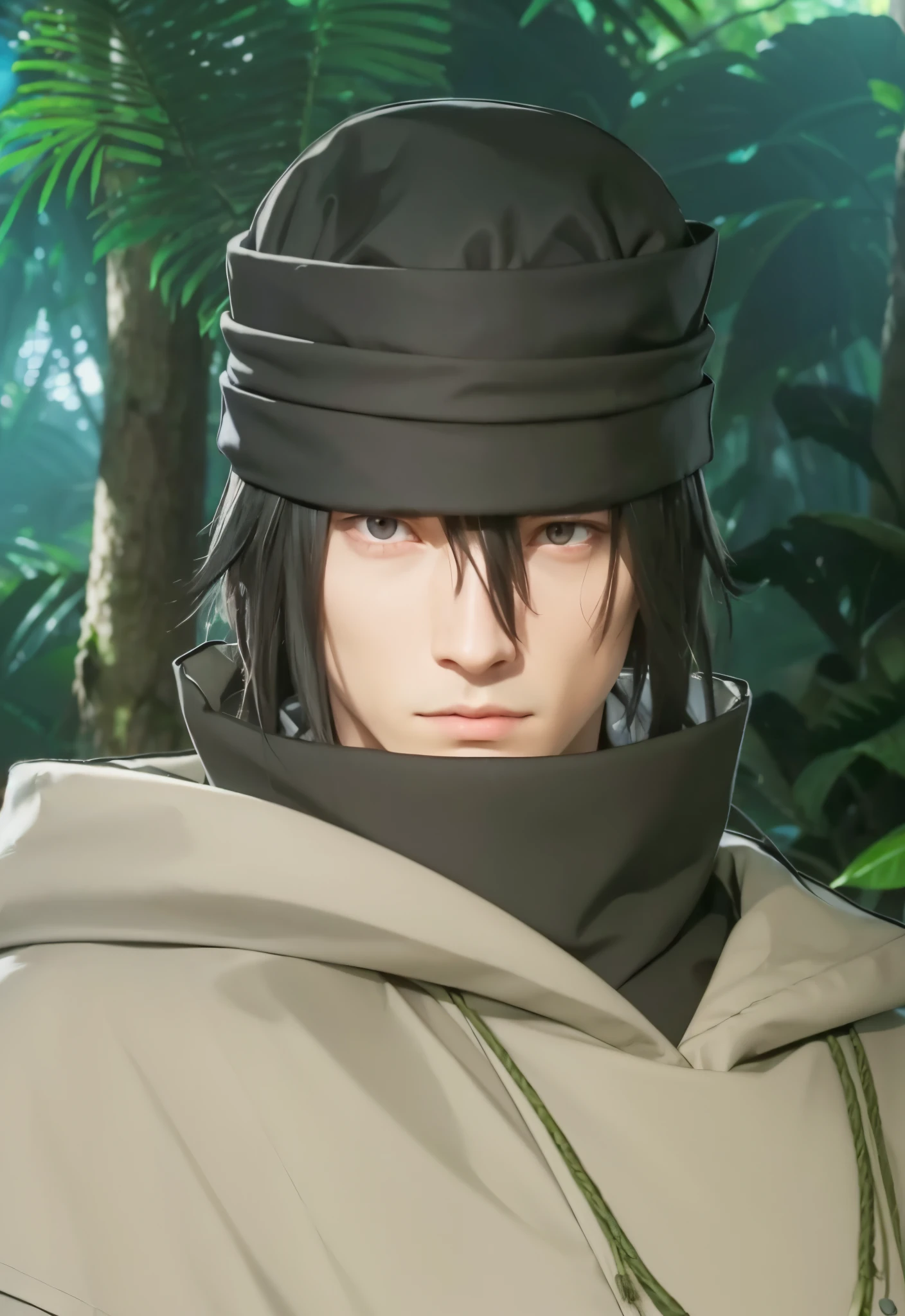 Real life adaption of this character , handsome man, realistic same hair ,There was a dark gray cloth wrapped around his head, (realistic same outfit),realistic jungle background , realistic light, realistic shadow, realism, hyper realistic,(photorealistic:1.2), normal small eyes,same necklace