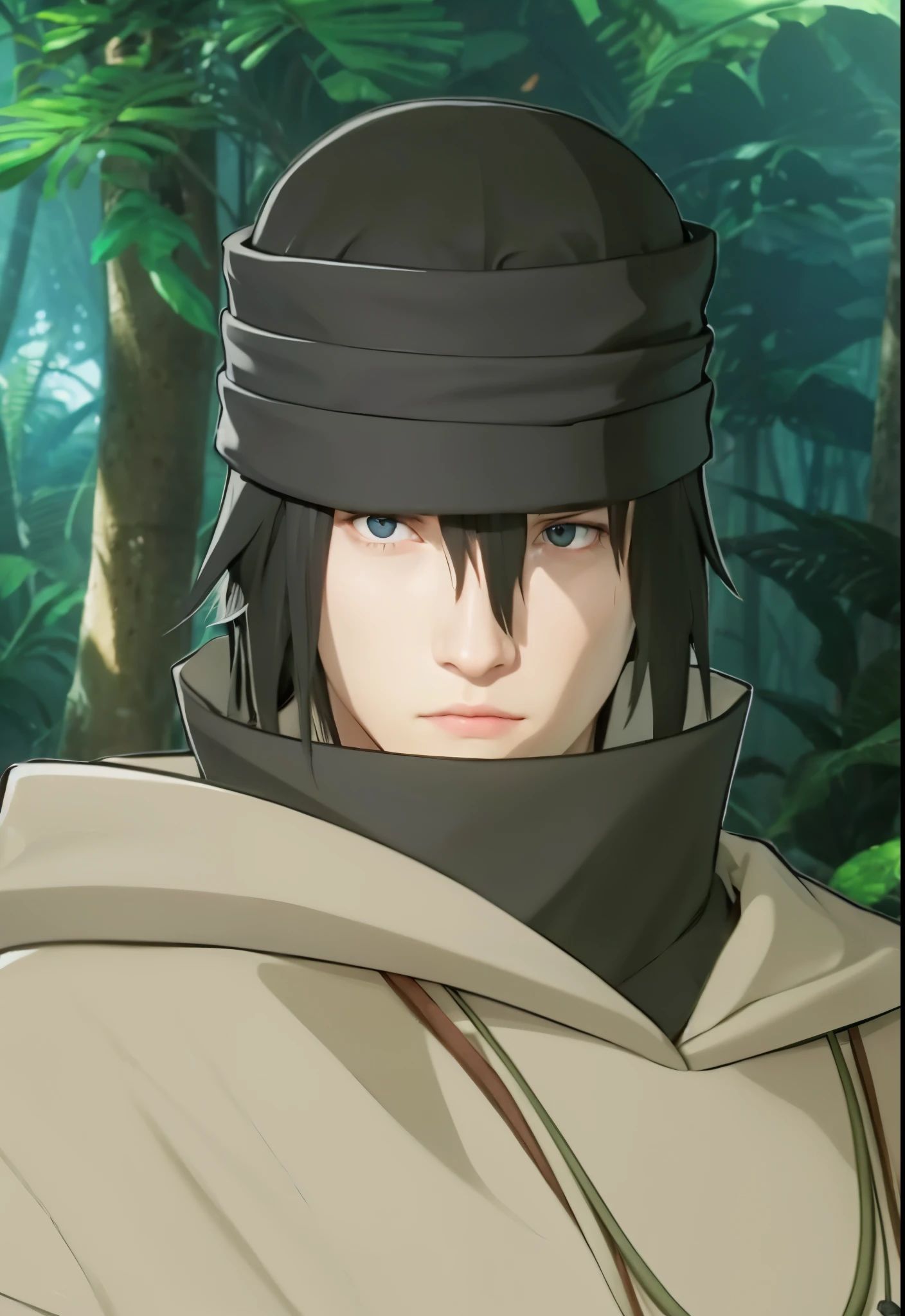 Real life adaption of this character , handsome man, realistic same hair ,There was a dark gray cloth wrapped around his head, (realistic same outfit),realistic jungle background , realistic light, realistic shadow, realism, hyper realistic,(photorealistic:1.2), normal small eyes,same necklace