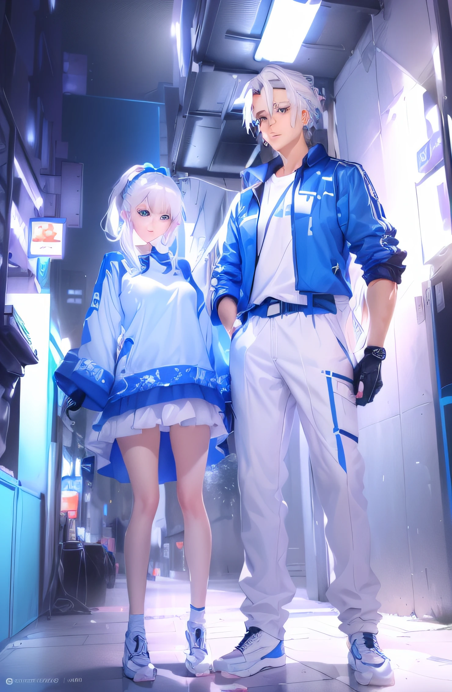 A man and a woman,8K,k hd,Female high ponytail,Bright blue eyes,White hair,Has a hint of light blue at the end,8K anime,sporty attire