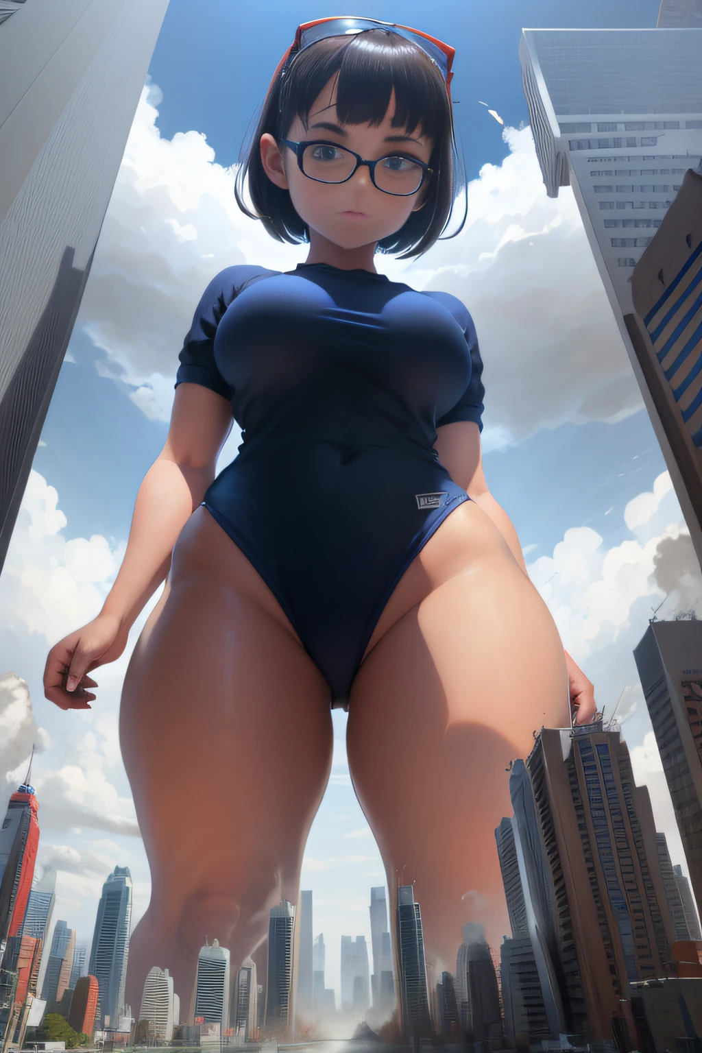 Buruma, giantess art, highly detailed giantess shot, der riese, Shorthair, Giant woman bigger than a skyscraper, Wearing rimless glasses, Colossal tits, Big ass, gymnastic suit, Navy blue high socks, hands off shoes, very small metropolis, Trying to destroy a miniature metropolis, Full body depiction, nffsw, der riese, Stomping City,crash city,Small town,micro city,
