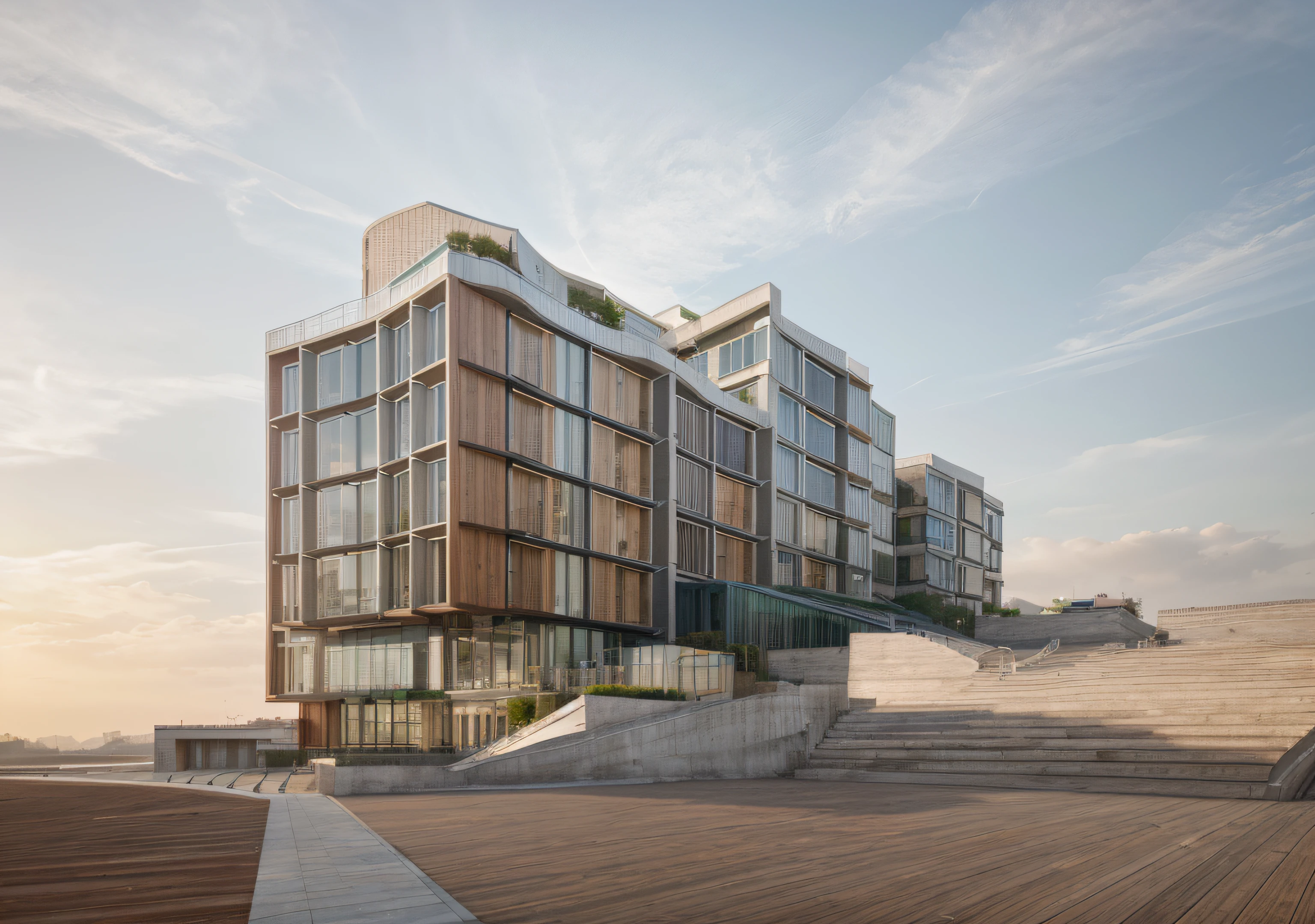a beautiful rendering of a commercial district near the hill, rolling mountains, (low-rise buildings with little wood glass and green roofs near the hill), designed by SOM and OMA and SASAKI, [[an amazing museum designed by Zaha near the water]], Headquarters of the world's top companies designed by apple, a beautiful park, and landscape in front of the water with people activity, [abundant aquatic plants and birds and kayaks in river], [water sports], [[clear sky and sunlight]], [reflection], [[hyper detailed]], architecture rendering, modern architecture, 8k, Vray render, [shenzhen China], [sunset], clouds, 35mm photography, urban design, [reality effect], Nature, [regular lines], simple geometry