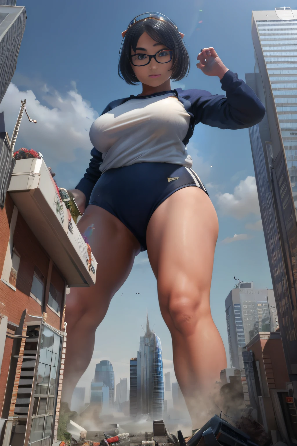 Buruma, giantess art, highly detailed giantess shot, der riese, Shorthair, Giant woman bigger than a skyscraper, Wearing rimless glasses, Colossal tits, Big ass, gymnastic suit, Navy blue high socks, hands off shoes, very small metropolis, Trying to destroy a miniature metropolis, Full body depiction, nffsw, der riese, Stomping City,crash city,Small town,micro city,