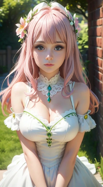 Very Cute girl,big sized boobs,half naked ,ultra realistic eyes, white and shining princess dress, flower bracelet on her head ,garden outside, pink colour hair,bright green eyes, ultra realistic detailed eyes, innocent eyes, looking at camera,long pink hair,