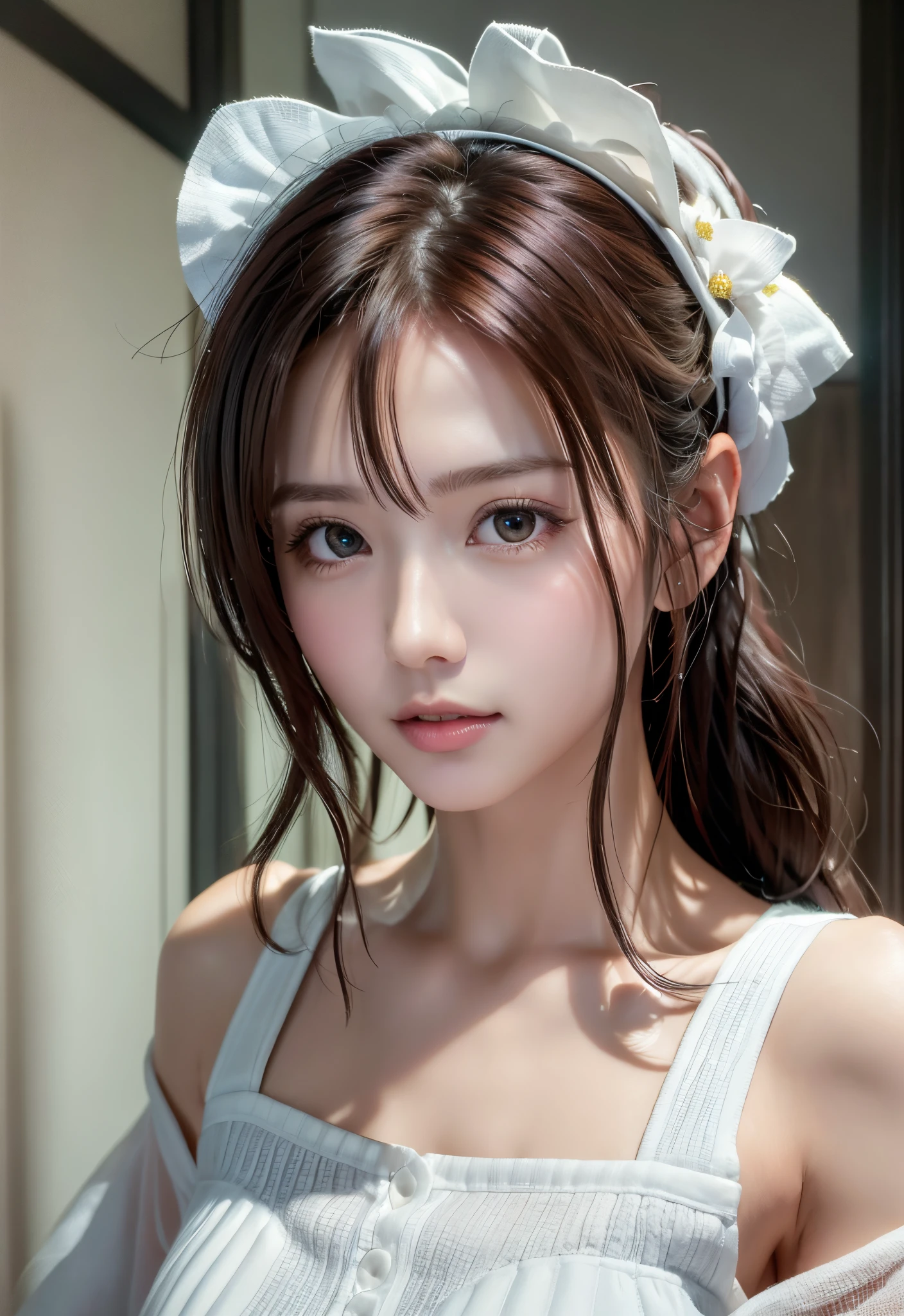 8K, of the highest quality, masutepiece:1.2), (Realistic, Photorealsitic:1.37), of the highest quality, masutepiece, Beautiful young woman, Pensive expression,、A charming、and an inviting look, Cute Maid Clothes, Hair tied back, Cinematic background, Light skin tone