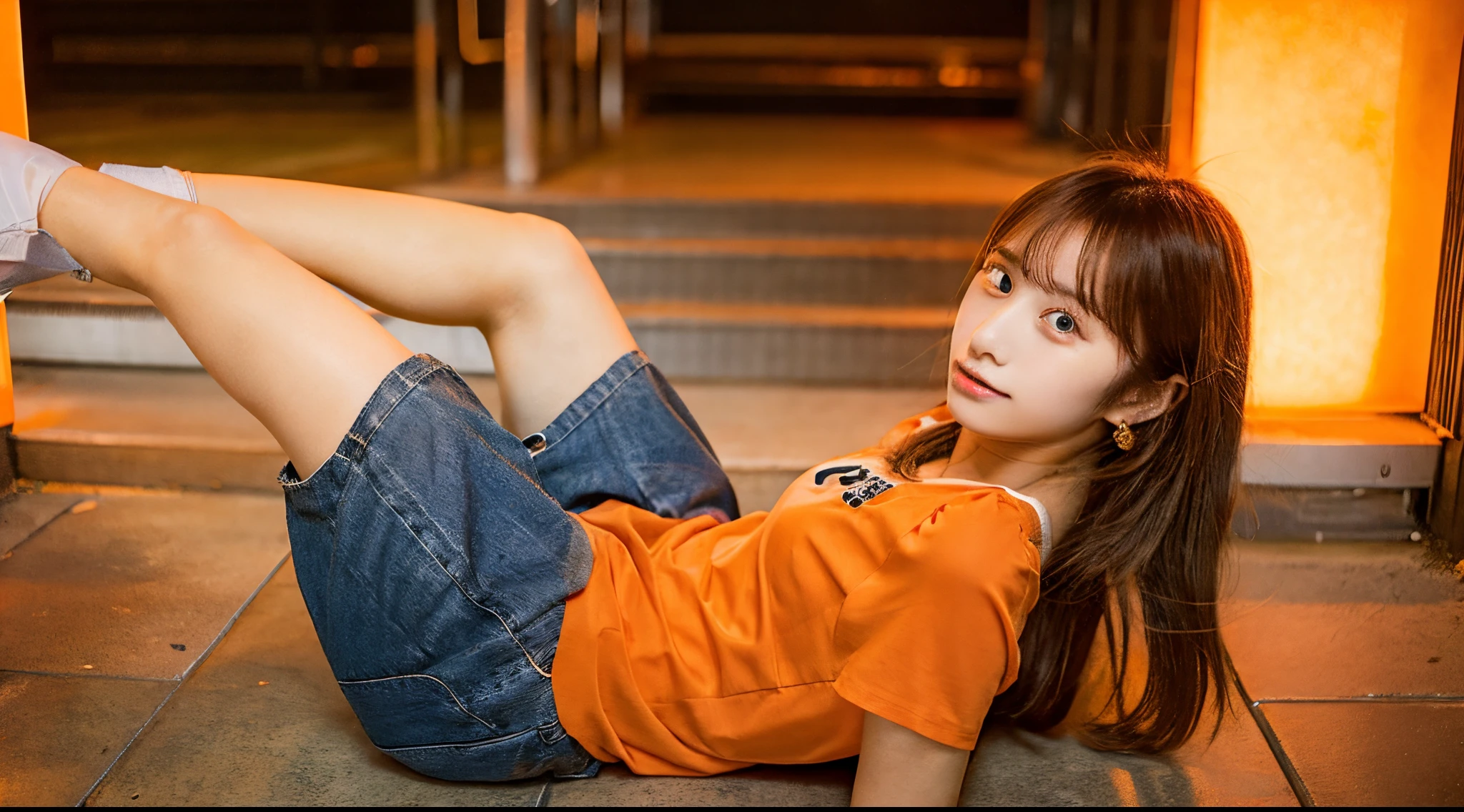 18 year old female college student in orange miniskirt
