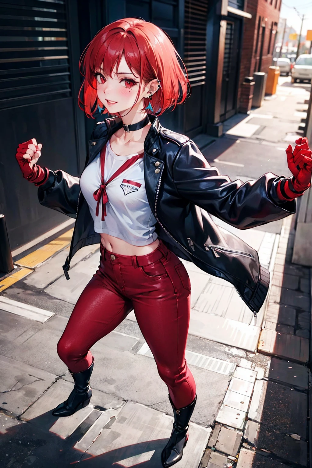 delinquent, (sukeban), mature_female, blush, mature, older woman, 25 years old, Sukeban teacher outfit, (1girl, solo female, solo, solo focus)++++,choker, sukeban school teacher, long_sleeves, open jacket, blue jacket, pants, jean, light skin tone female, full body, jacket, biker jacket, tape, arm_support, gloves, red_gloves, bridal gauntlets, nail polish, boots, hioots, black_footwear, fighter outfitfull body, hourglass, mature face, cheeky smile, cheeky face, wrinkles, (red hair, short hair, bob cut, earrings, ear piercings), red eyes, realistic, (fighting art, Martial arts, standing, fighting_stance, fight, fighting), extra colors, 2D, megapixel, perfectionism, accent lighting, full HD , (Masterpiece:1.2), (full-body-shot:1),(cowboy shot:1.2), (Highly detailed:1.2),(Detailed Face:1.2), Colorful, A detailed eye, (Detailed landscape:1.2), (natural lighting:1.2), ((sukeban school teacher)) by Vincent Di Fate: Aidyllery, Anamorphic Shot, , rule of thirds, face by Artgerm and WLOP,