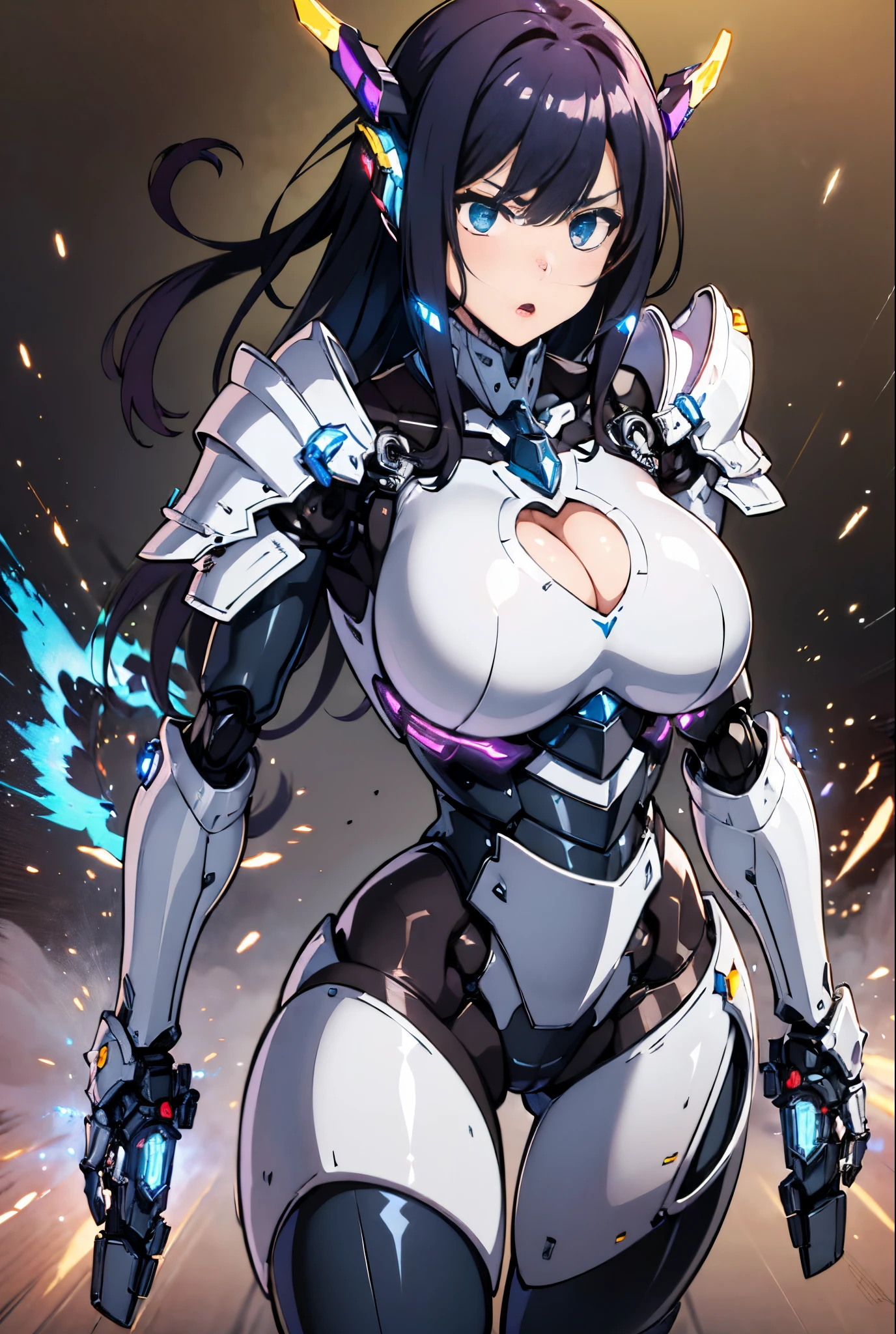 (1girl in, Alone, Solo), (Super Detailed Face),(Full Robot Woman) 、(Black Long Hair:1.5), (11 Line Abs, cleavage, Huge false breasts:1.5),(Heavy armored mechanical chest:1.5) 、(Mecha Guard Arms:1.3), (Mecha Cyber Armor, core mecha armor diamond, Mecha Skin Tight Suit Pants, mechanical guard leg, high-heels:1.5), (chic female body, Glowing skin, Sexy long legs:1), (female focus:0.886), (Corridors of the future space station:1), (white heavy robot armor:1.8)、super texture, unreal engine render, Physically-based rendering, The ultra -The high-definition, 16 K, 1080p、cel anime、(((battle posture:1.6)))、(((Dual-wielding stance:1.6)))、(((Attack Motion:1.8)))、(Opening Mouth)