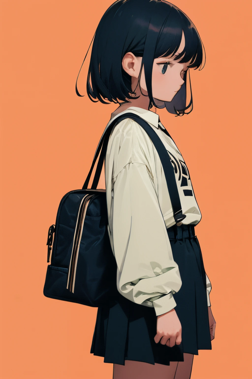complex geometric pattern background、dark color、Cute little girl s、a short bob、Looking away、white baggyＴThe shirt、printed shirt、loose-fitting clothes、a school bag、Retro、top-quality、ultra-detailliert、High quality detailing