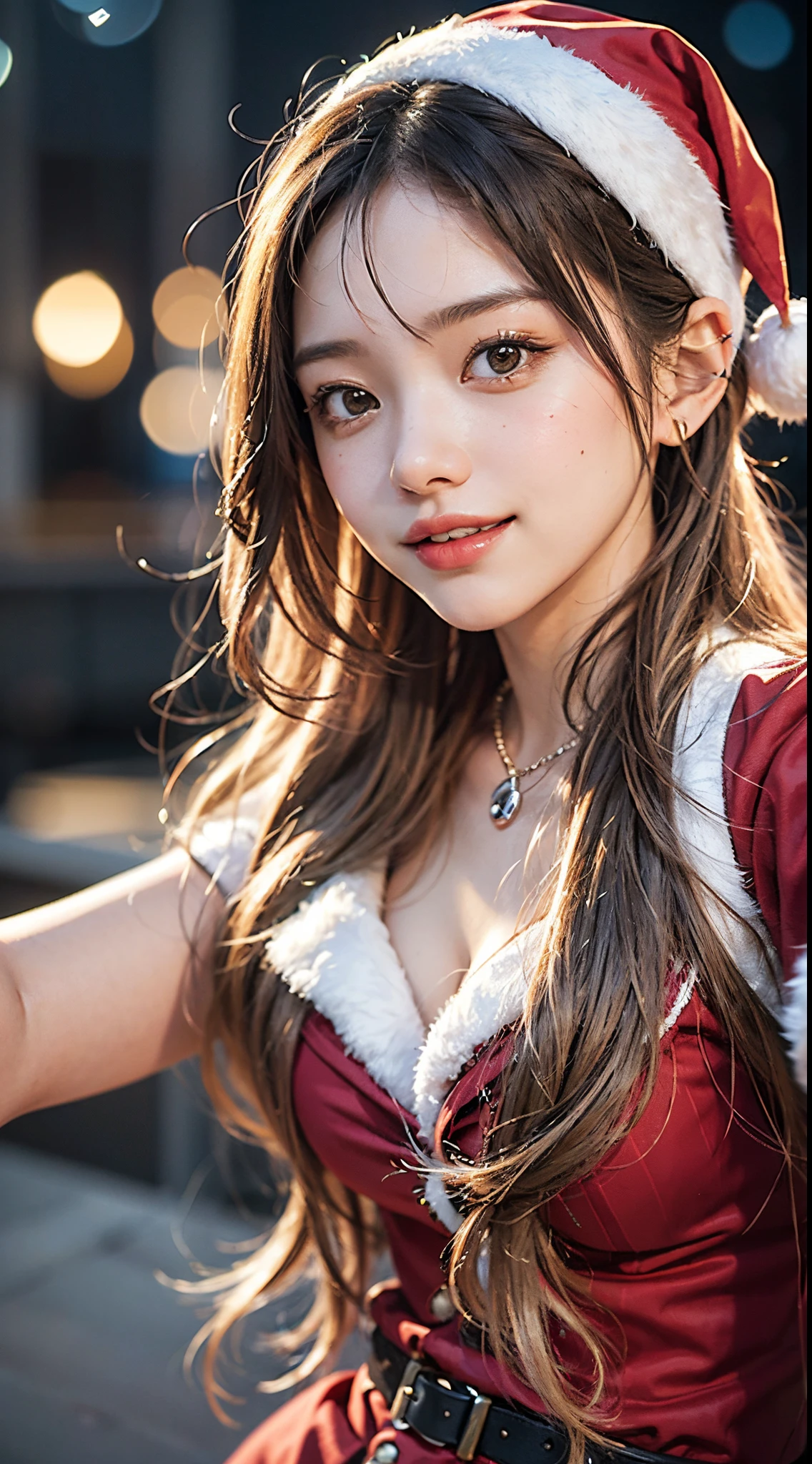 1girl in, ((Selfie)), Wind, hair messy, Sunset, Cityscape, (Aesthetics and atmosphere:1.2),Beautiful woman smiling、8K、An ultra-high picture quality、japanes、1 woman around 20 years old、French Bob Hair、Smiling、((smile with white teeth))、((santa claus))、((Costumes reminiscent of Christmas))、middlebreasts、