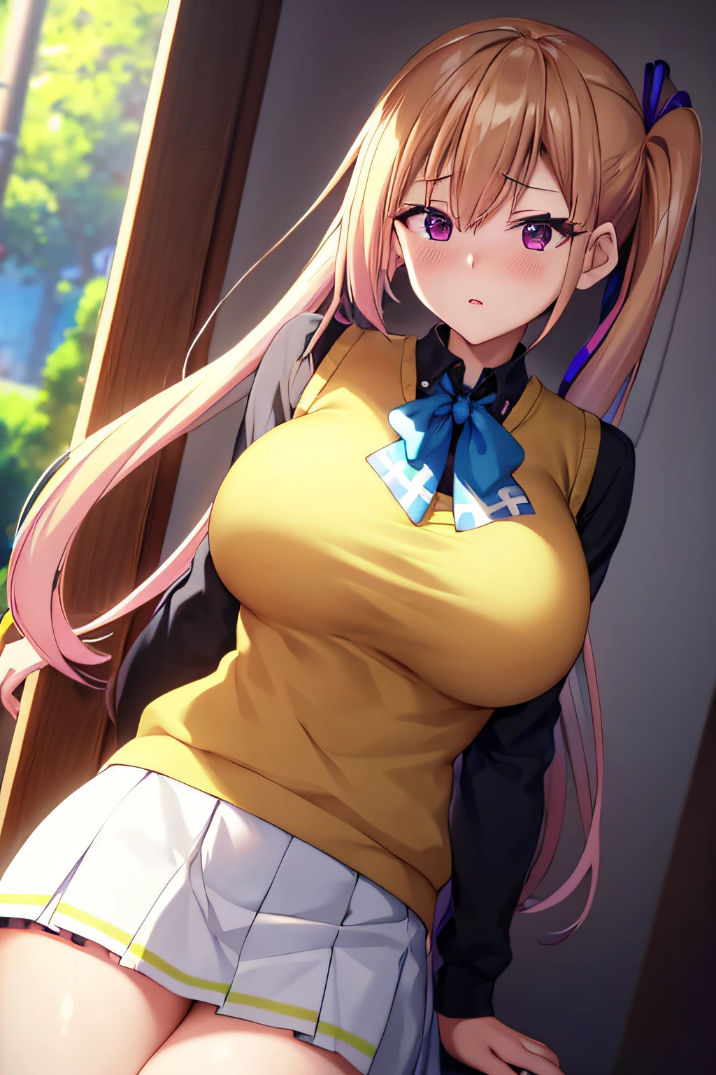 ​masterpiece, (top-quality), 1womanl,1girl in,1 boy,,kawakami_touko, blonde  hair, length hair, side poneyTail, a purple eye, Sweater Vest, 校服, skirt by the, Big breasts,bow ribbon, Hair Ribbon, Mole under the eyes,Female sexy, embarrassed from,red blush, vivd colour,,natural soft light,nffsw, , Beautiful fece, (详细的脸:1.2), showcase, (perfect  eyes:1.1) ,(Photorealsitic:1.1), 8K UHD, Look at viewers, outside of house, simple background