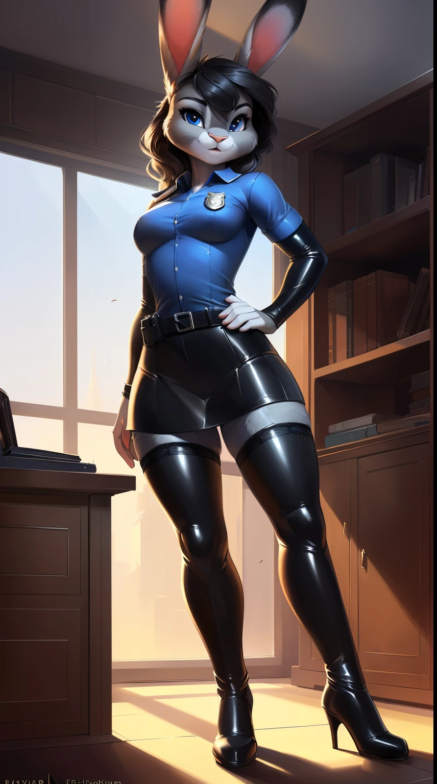 uploaded on e621, by fluff-kevlar, by Pixelsketcher, by Bayard Wu, by Thomas Benjamin Kennington, by Einshelm, solo anthro, ((Portrait)), ((JudyHopps)), (police uniform:1.5, blue shirt, leather black skirt), (short black side haircut, side bang), (see-through black stockings, black latex boots, high heels), seductive gase, ((mouth open)), (Detailed fur), (detailed skin), (Cinematic lighting), ((Detailed background)), (half body shadow), [explict content], [sharp-focus], (Questionable content), (shaded), ((Masterpiece), Long asymmetrical wavy hair, very long hair, Average Breasts, pectoral muscles, furry fantasy art, anthro art, commission for high res, Furry art, pov furry art, Sakimichan is beautiful, Masterpiece, big hips, small breasts, Best Quality, Detailed image, Detailed Face, grey perfect lighting, Perfect shadows, Perfect eyes, focus on girl, flawless face, gorgeous body, Hourglass body, small body, shiny body, feet focus, Fluffy, fluffy woman, Body fur, Animal nose, muzzle, two-toned fur, gaze at the viewer, half closed eyes, 1girl, full body, (Masterpiece:1.2), (Best Quality:1.2), (illustartion:1.2), Detailed fur, Balanced coloring, Furry, anthro, attractive body, sexy body, looking a viewer, seductive gaze, thick-thighs, fit body, (See-through stockings, Best Stockings, elastic stockings, lacy stockings), Suggested Pose, Seductive Leg Pose, Suggested Pose, grey office room, metal, more detailes, out of breath, in heat, estrus, pleasuring herself