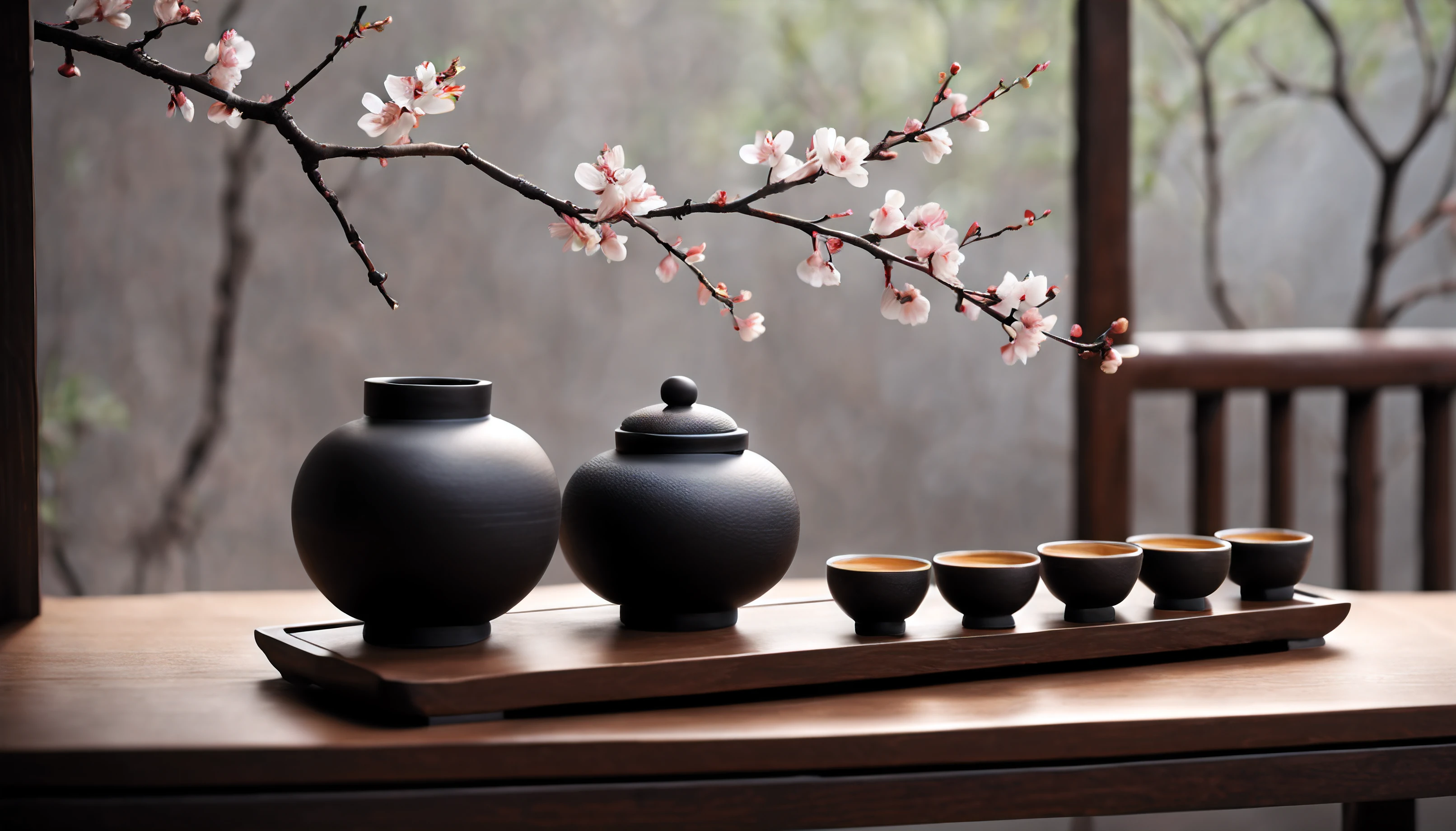 Personalized showcase in modern Chinese Zen style.Display window seen from the outside. White textured lanterns without pictures..Zen-flavored plum blossom branches are placed in the corner..There are dead branches on the long wooden bench.tea set.(Closeup tea).(Chinese elegant and compact black pottery tea set)Zen elements.Elegant and high-end effect,Make it look textured. design.hyper HD, ultra - detailed.Zen style(Super quality,Super meticulous,super complex,extremly intricate)Soft, natural and obvious light and shadow.Reverse incense.No Man.ultra-wide-angle, (Detailed texture),Background covered with film grain, Natural soft light,(night scene.warm lights)Elegant small plant ray tracing, Ultra-Wide Angle, film grain, UHD, high details, best quality