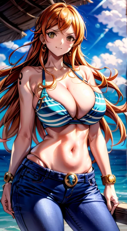 Nami de One Piece , corpo inteiro, soft-lighting, 1girl, dinamic angle, lifelike lighting, (textura natural da pele, hiper-realismo, luz suave, clear: 1.2), navio pirata, golden chest, (detalhes intrincados: 1.12), obra-prima hdr, melhor qualidade, (foto altamente detalhada: 1.1), 8k, fotorrealista, melhor qualidade, ultra-detalhado, Pele de alto detalhe, ultra-detalhado ((corpo inteiro incluindo pernas)), Nami , melhor qualidade, (beleza), rosto garota 20 anos, rosto bonito, obra-prima, Physicased rendering, ultra highres, cintura estreita, magro, olhos grandes, pernas longas, (seios grandes), olhos inchados, dia, pele brilhante , de frente para o espectador, firm expression, realista, mulher, sexy, long jeans