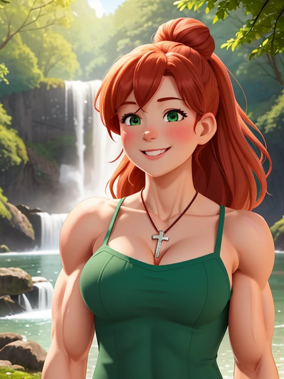 attractive welsh woman, ripped muscle, muscular body, pale skin, smile(blush), chemise, cross pendant, sixpack abs, [ultra detailed skin:1.2], ginger hair, green eyes, hair bun, 8k uhd, pussy, full body, crowd, public, forest, waterfall, standing,
