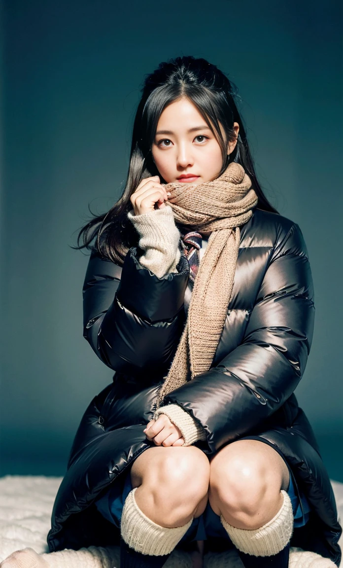 ulzzang -6500-v1.1, (Raw foto:1.2), (Photorealsitic:1.4), a beautiful detailed girl, extremely detailed eye and face, beatiful detailed eyes, Ridiculous, unbelievable Ridiculous, huge filesize, ultra-detailliert, hight resolution, ighly detailed, top-quality, ​masterpiece, Kemomimi, ((Wearing a scarf around your neck)), ((black puffy down jacket)), (((Japan schoolgirl uniform))), illustratio, ighly detailed, nffsw, unification, 8k wallpaper, astonishing, finely detail, ​masterpiece, top-quality, Highly detailed ticker uniform 8K wallpaper, face lights、Cinematographic lighting、1girl in、sixteen years old、(witheout panties)、((dynamicposes)))、(camel's toe)、(half)、(Crooked knees and legs sitting))