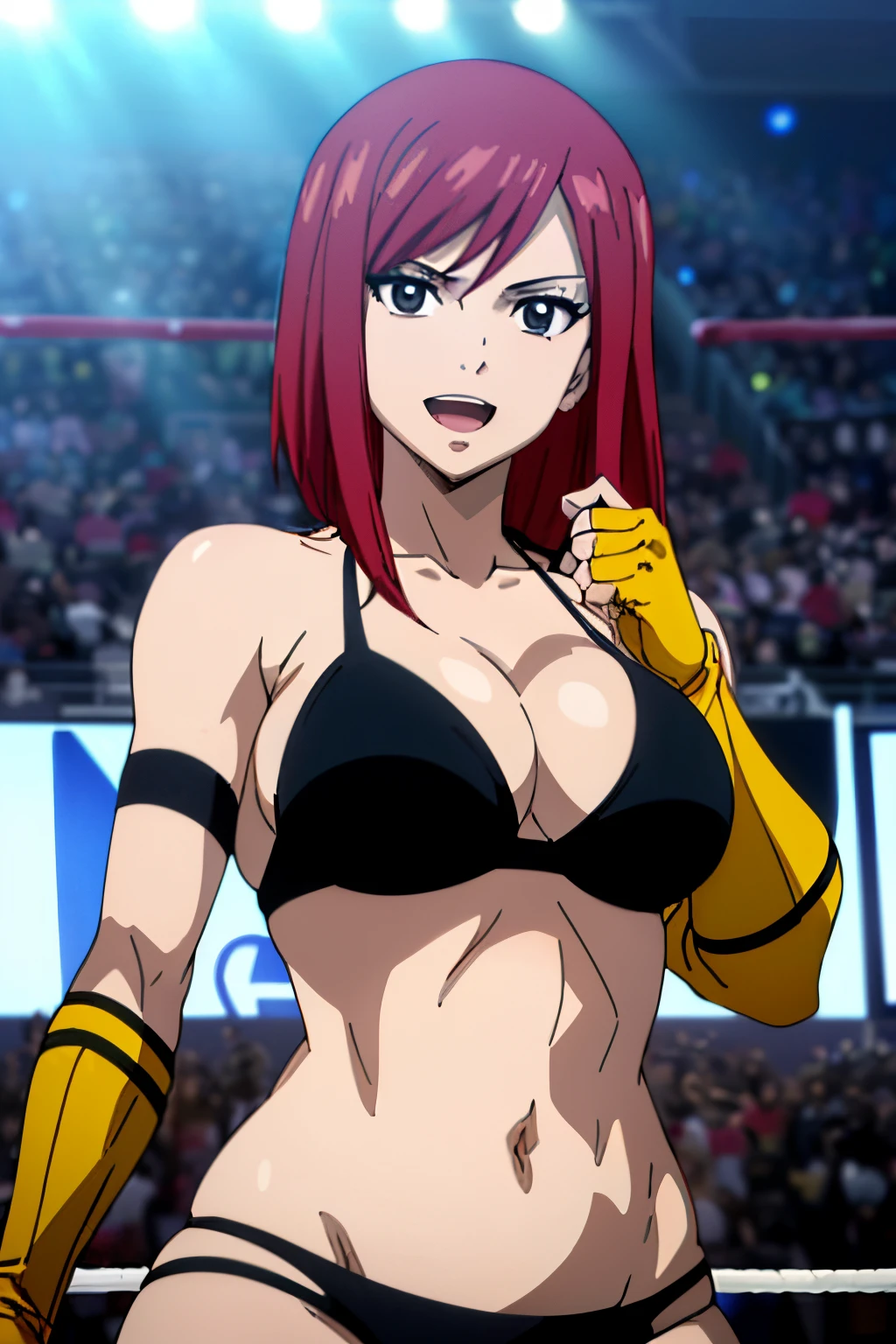 ((black bikini only, very little biceps, big breasts), (((wrestling arena))), spotlights, upper body view, please prioritize (best quality, 4k, 8k, highres, masterpiece:1.2), ultra-detailed, and (realistic, photorealistic, photo-realistic:1.37) rendering. ((looking at the viewer)), ((black bikini only)), groin, ultra detailed face, perfect anatomy, 8k, perfect body proportions, highest quality, 1girl, solo, (()), (very little biceps) , happy, smile, ERZASCARLET, cleavage, off-shoulder, tall girl, (shiny hair), detailed red hair, (short hair, him cut), open mouth, very big eyes, long belly, wide shoulders, For the image quality, To enhance the visuals, add HDR, UHD, studio lighting, ultra-fine painting, sharp focus, physically based rendering, extreme detail description, professional, vivid colors, fingerless gloves, large breasts