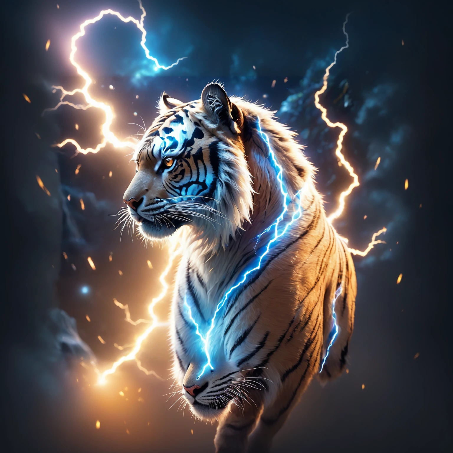 There  a tiger standing in the dark with lightning, tigre_beastly, 4k highly detailed digital art, cosmic tiger, digital art animal photo, Intense expressions 4k, ((tigre)), digital painting very detailed, luminous and epic, Highly detailed digital artwork, sacred tiger, Detailed lights and thunder, 4k detailed digital art, Beautiful digital artwork