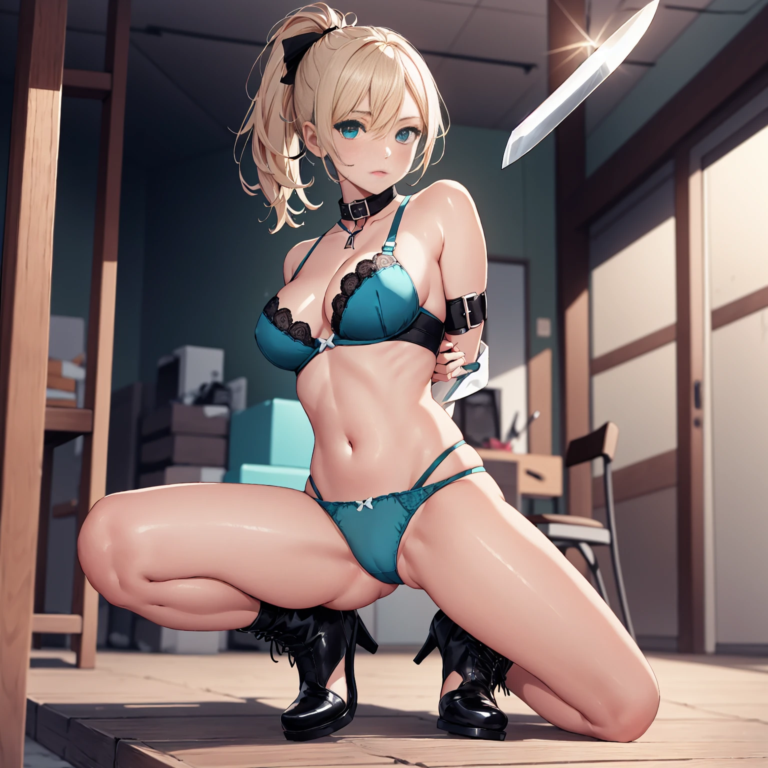 1girl, bdsm, Ciel (Mega Man Zero), long_hair, solo, blonde_hair, bondage, bound, breasts, underwear, sitting, medium_breasts, boots, navel, panties, elboloves, gloves, nipples, lying, lips, bound_legs, blue_eyes, detached_sleeves, realistic, nose, torn_clothes, 2d, on_back, ponytail, black_panties, shoes, revealing_clothes, harness, collar, whip_marks, thighhighs, latex, small_breasts, thigh_strap, black_legwear, bondage_outfit, high_heels, full_body, bra, very_long_hair, leather, black_footwear, cleavage, indoors, bound_arms, black_bra, large_breasts, day, bridal_gauntlets, elf, chair, closed_eyes, armpits, ribbon, knife, _toy, lace-up_boots, parted_lips, platform_footwear, legs_together