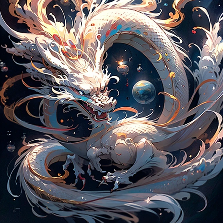 16K ultra-high definition masterpiece 、Silver White、Chinese Dragon、Mouth wide open、Looking down at the earth and flying through space