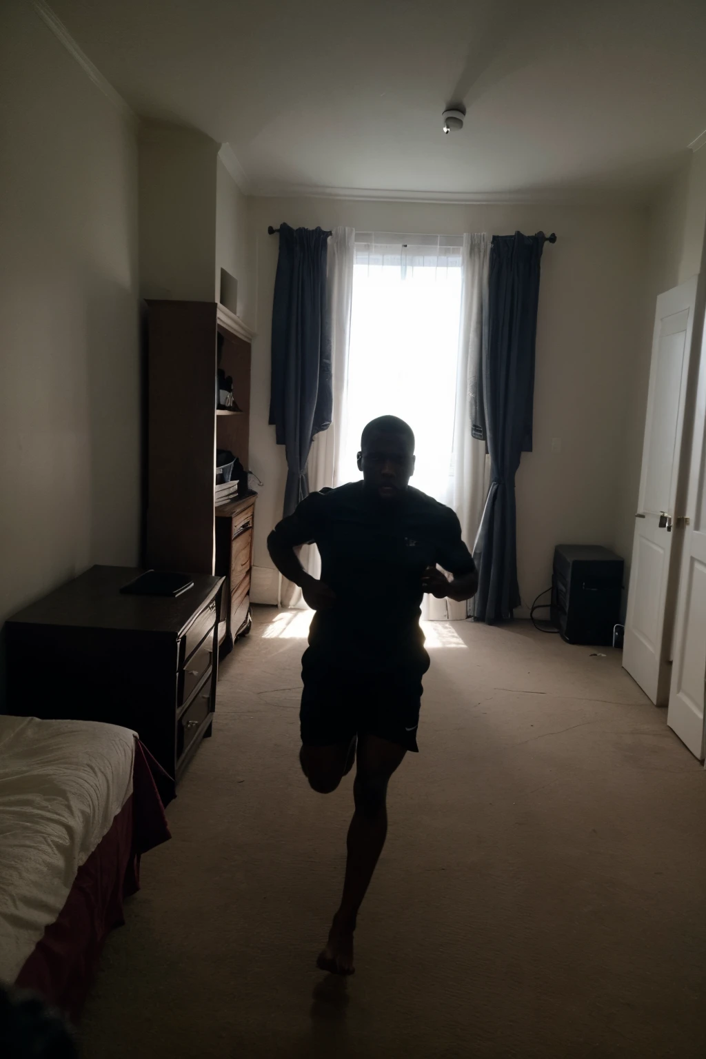 Black man, dark bedroom, running, scared, demon visible,  demon chasing him