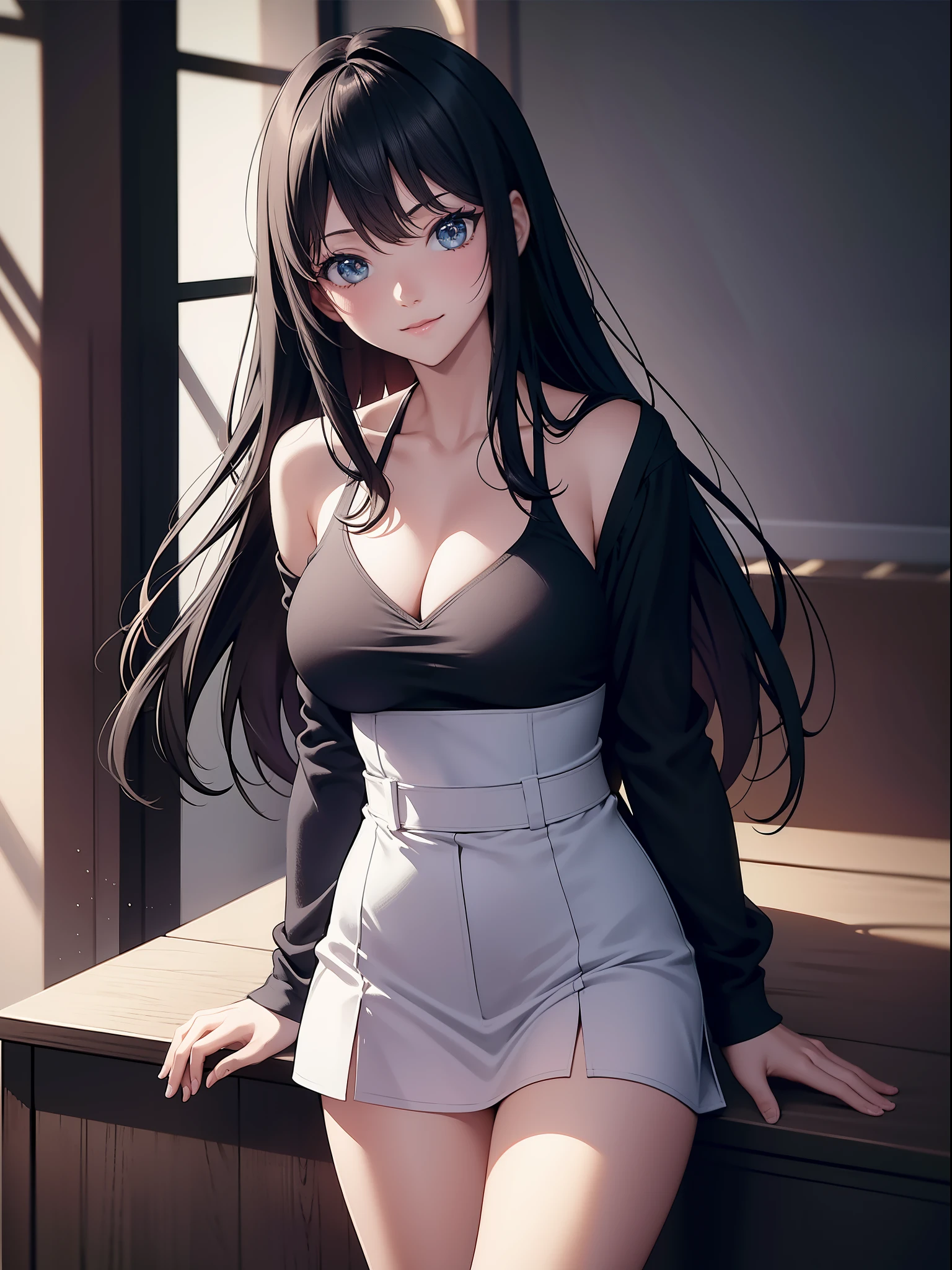 (Tabletop, Highest quality, High resolution, , Pixel perfect, 4K,), 1 Girl, single, alone, Beautiful woman、I could see the whole body、 ((Wavy mid-length hair, bangs, Black Hair)), ((Blue eyes, Beautiful eyelashes, Realistic eyes)), ((Detailed face, blush:1.2)), ((Smooth texture:0.75, Realistic texture:0.65, Realistic:1.1, Anime CG Style)), Soft Breasts, Dynamic Angle, Perfect body, ((, female teacher, , Earrings、necklace、Off-the-shoulder sweater、Dark blue flared skirt、Black knee-high stockings、Spread your legs wide、、A shy smile、Big Breasts)), Superior、、、evening、Sit at a desk、Massage your breasts with both hands、close your chest with both hands、I can see her light blue lace panties)、Angle from below)、