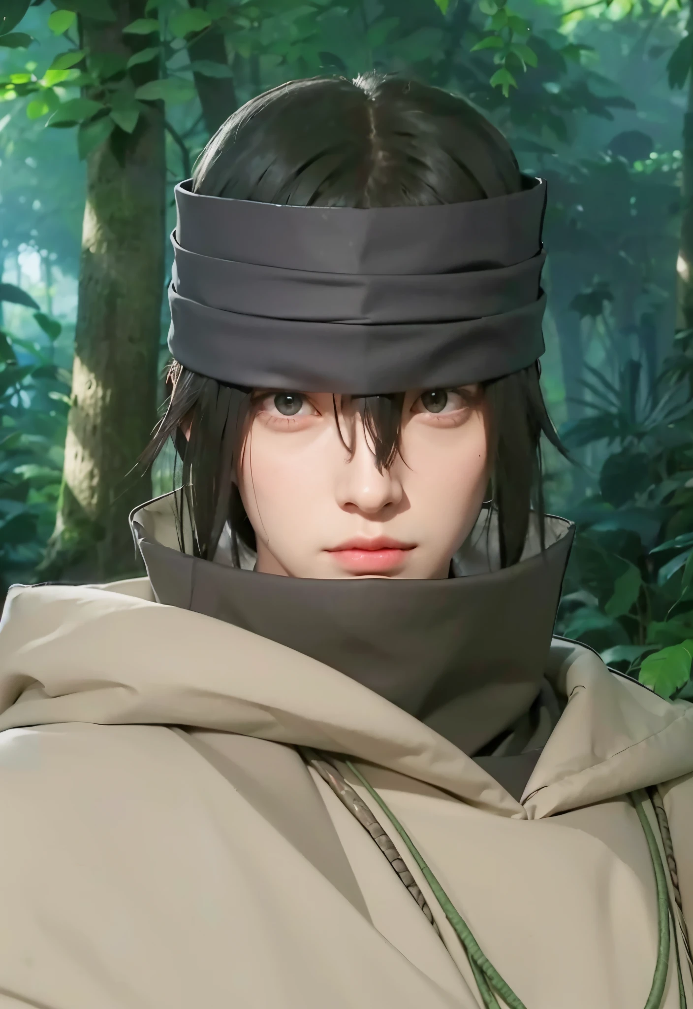 Real life adaption of this character , handsome man, realistic same hair ,There was a dark gray cloth wrapped around his head, (realistic same outfit),realistic jungle background , realistic light, realistic shadow, realism, hyper realistic,(photorealistic:1.2), normal small eyes,same necklace