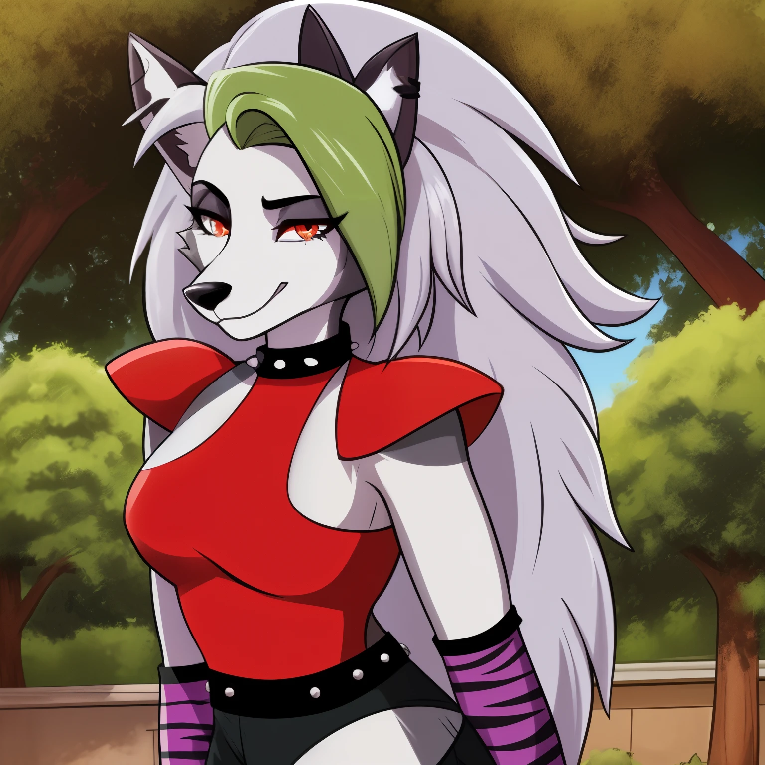 (solo), (roxanne fused with loona:1.2), , half body, (teared up short pants), standing, smiling, looking to you, sexy, small sized breasts, anatomically correct, day time, garden, light, tree, realistic lighting, detailed eyes, half body close up