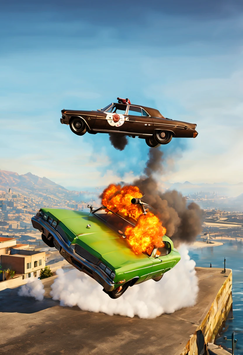 (GTA art, gtav style:1.2), a car  floating with smoke, bombing, Dirk Crabeth, david rudnick, concept art, hyperrealism, enhance, intricate, (best quality, masterpiece, Representative work, official art, Professional, unity 8k wallpaper:1.3)