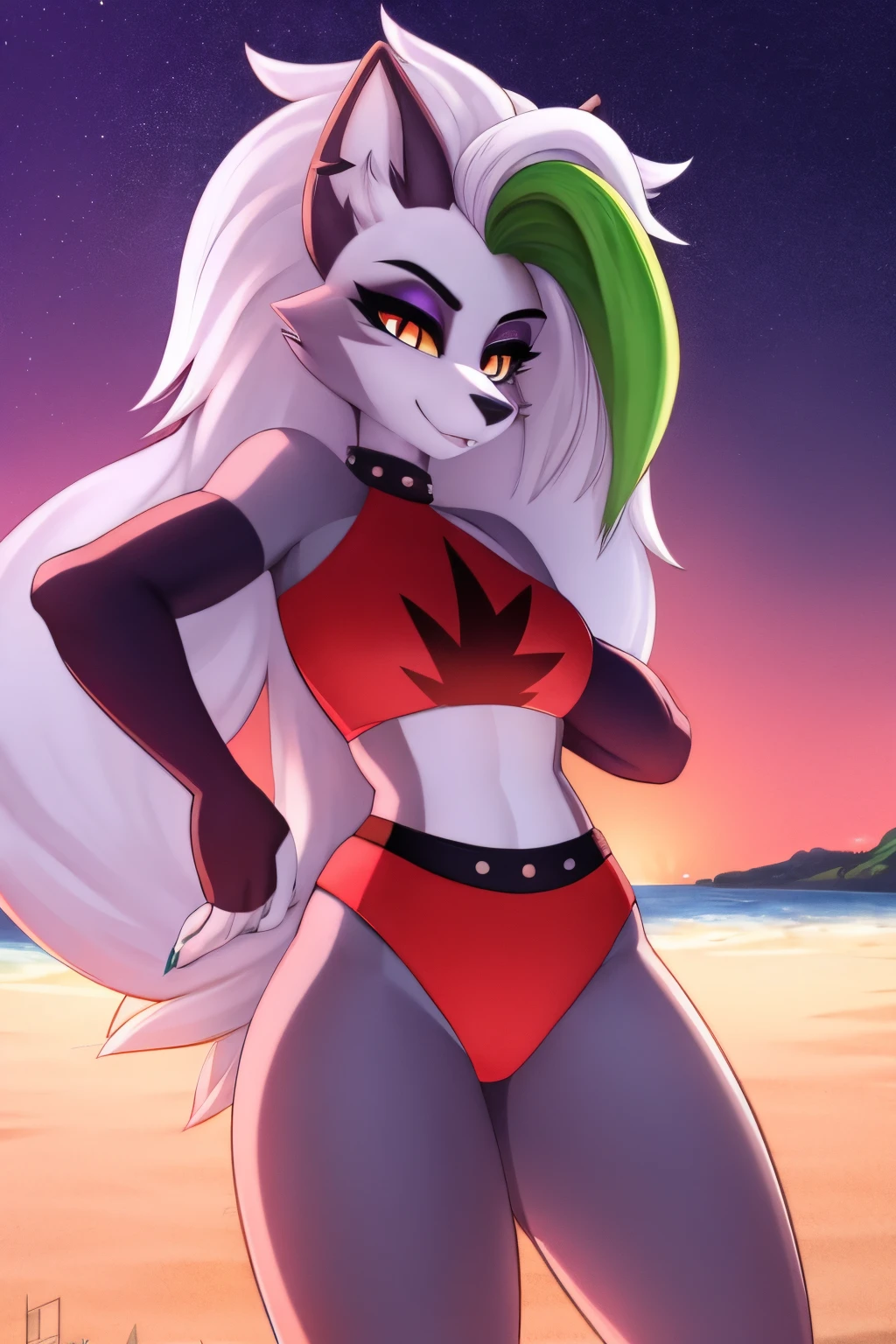 best quality, roxanne fusion loona, solo, furry female, body fur, makeup, sexy clothes, super detailed, high detail eyes, perfect proportion, night beach