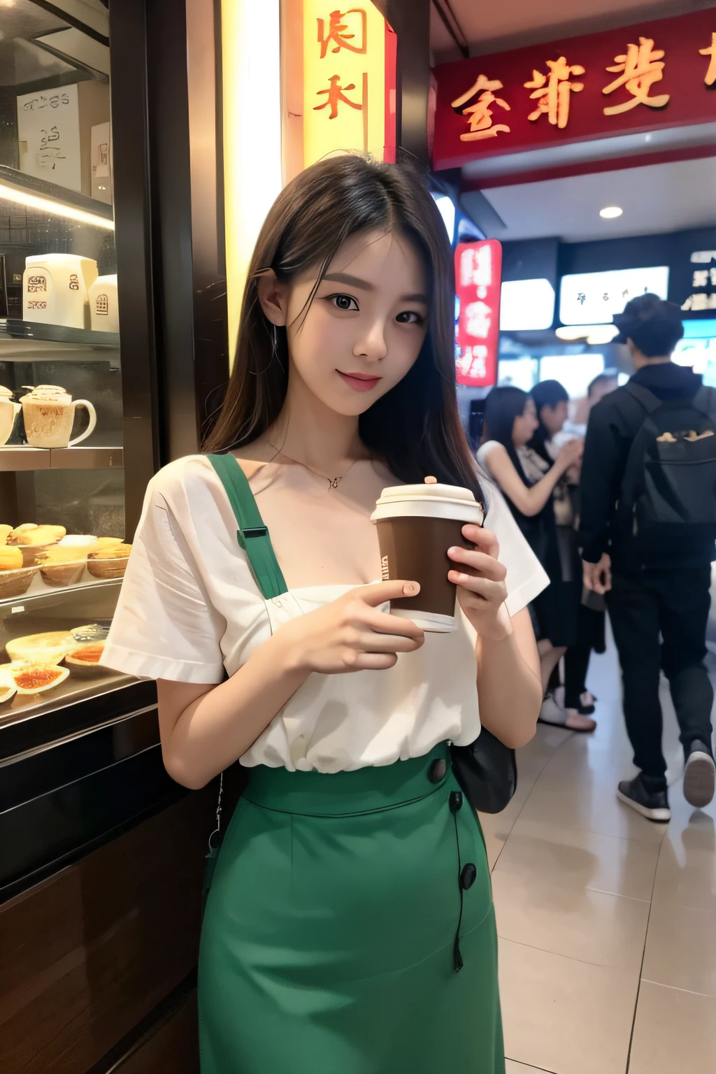A young and beautiful girl，Hong Kong style cafe，A man holding coffee in his hand