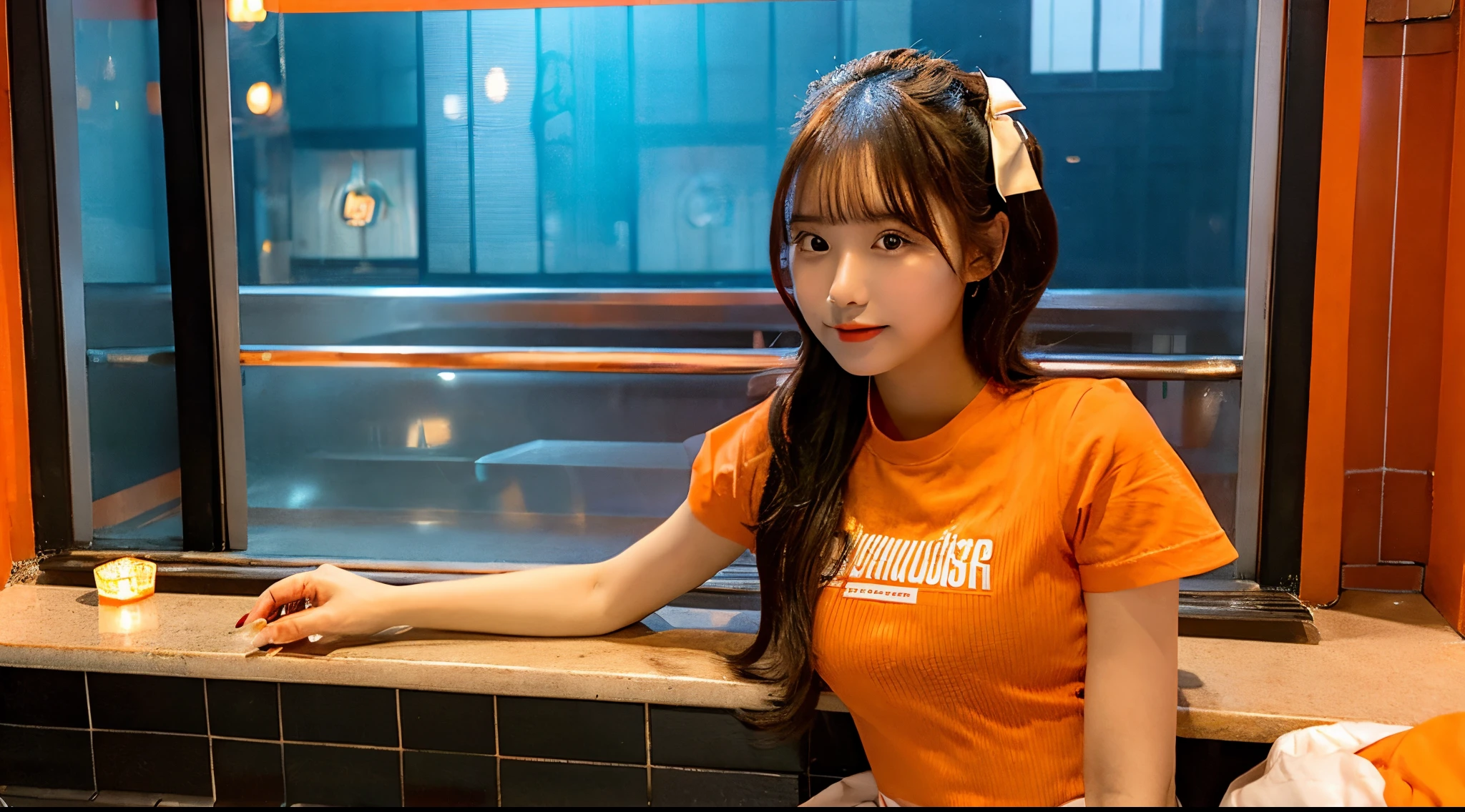 18 year old waitress in orange miniskirt