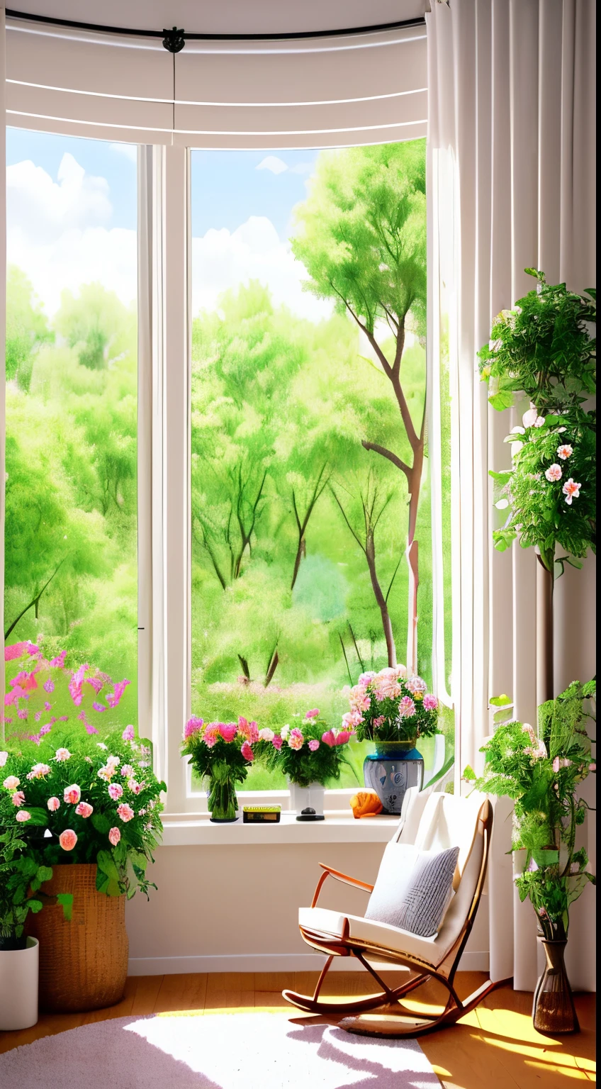 A cup of tea,Comfortable home area,There a bouquet of flowers on the chair,an eye