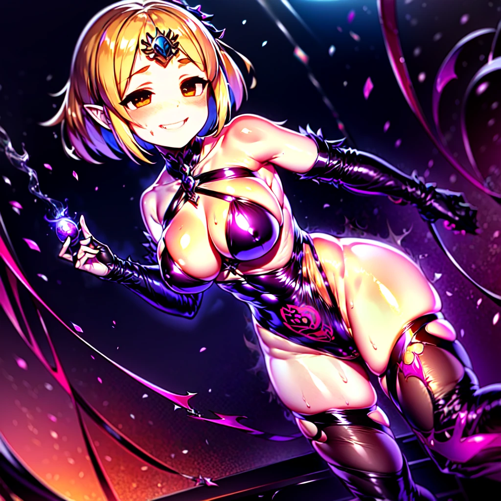 (perfect female proportionlush, milf, , voluptuous breast)++, beautiful detailed eyes, breast enhancement, toned female, glamorous perfect female proportion, (symbol of evil:1.2), zelda, lascivious woman, (evil smile:1.1), (villain, dark heroine:1.2), (perfect female proportions:1.1), (seductive eyes:1.2), eyeliner, mascara, sexy makeup, (seductive smile:1.2), (mature woman:1.4), (milf:1.1), masterpiece, best quality, high quality, illustration, film grain, 1girl, (glowing evil red eyes), evil grin, crazy eyes, (high resolution, masterpiece, ultra best quality, insanely amazing hyper fine extremely detailed, official:1.4) dark heroine anime girl with short hair in a dark and evil place, extremely detailed artgerm, (official:1.4), dynamic composition, (solo girl:1.4), {nsfw}, masterpiece, ultra-detailed, iconic attack, dominatrix, spiked collar, dark kingdom, bad end, (evil slutty zelda totk:1,2)+++, big breast, 1girl, solo female, solo focus, by satou_kuuki, mature female, standing, full body, looking at viewer, dark zelda totk, dark queen, evil, corruption, corrupted zelda by evil, contrapposto, mind break, blond hair, (short hair:1,5), evil smile, lips, eyelashes, ( nipple bulge,covered erect nipples, erect nipples visible through clothing)++, evil grin, sexy, pubic tattoo, dark aura, crotch_tattoo, venus body, impossible clothes, thigh_clothes, skimpy costume, voluptuous, girl on top, alternate costume, succubus in tight short dress, succubus clothes, succubus costume, bdsm, revealing_clothes, cameltoe, visible through clothes, dripping, juice drip, wet , sweating, steaming body (intricate details:1.12), (intricate details, hyperdetailed:1.15), hdr, dungeon, (at night:1.2), fireplace, warm light, dramatic light, cinematic,creepy dungeon, dark aesthetic, goth aesthetic, creepy, ominous background, dark atmosphere, death atmosphere, green and red atmosphere, evil dungeon background, gothique background,
