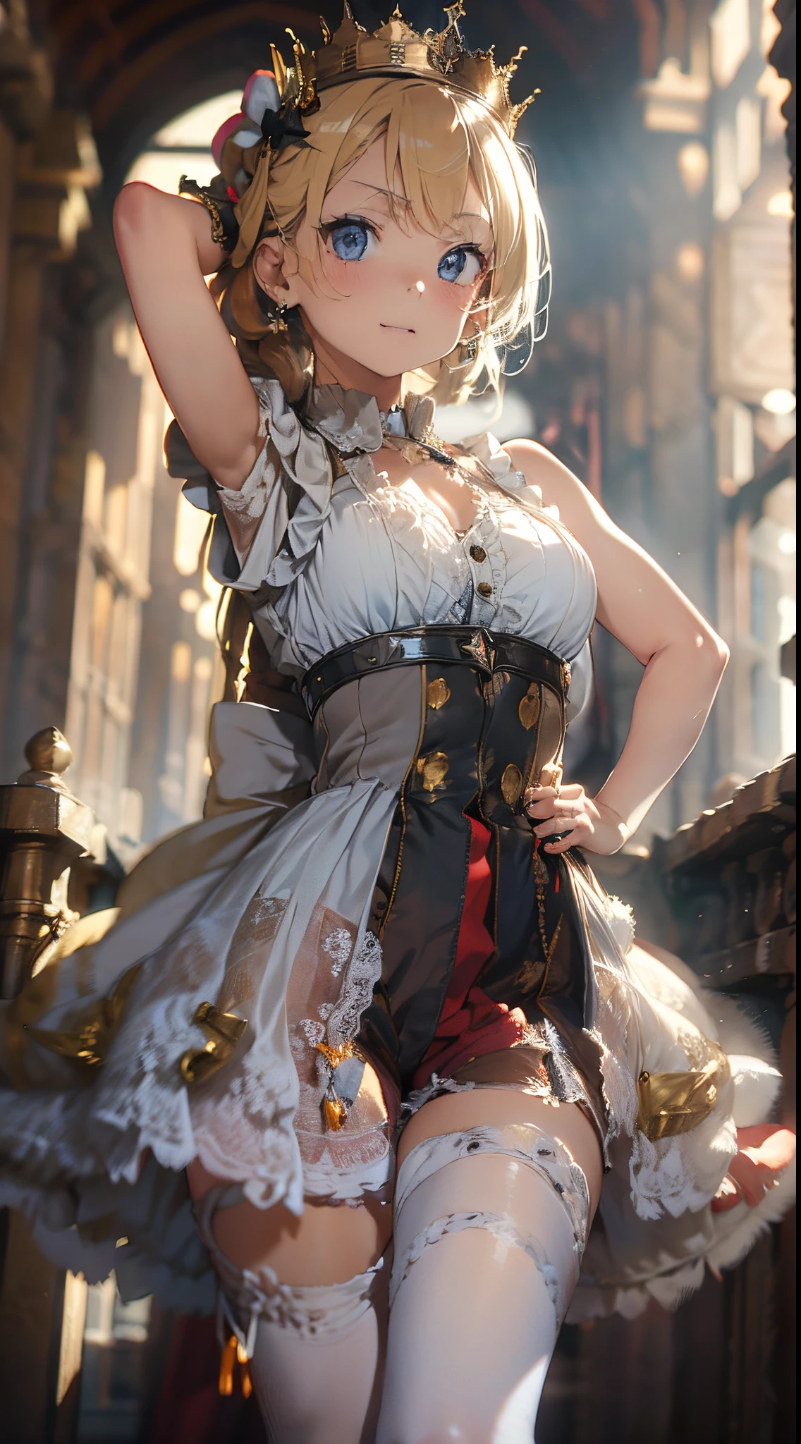 (The highest image quality, master piece:1.2), (Ultra Definition Illustration), (very cute  princess:1.3　15yo),1 girl:1.2), Solo ,(condescending look:1.3), sleeveless, showing armpits, (gorgeous queen dress:1.3), Full body, Round baby facng Glasses, Blonde Short-Cut Hair), (white thigh high pantyhose:1.2), (Evil smile), (mean face), (Mesugaki smile),  Luxurious palace rooms, Fancy Room, RPG Royale, Beautiful legs,