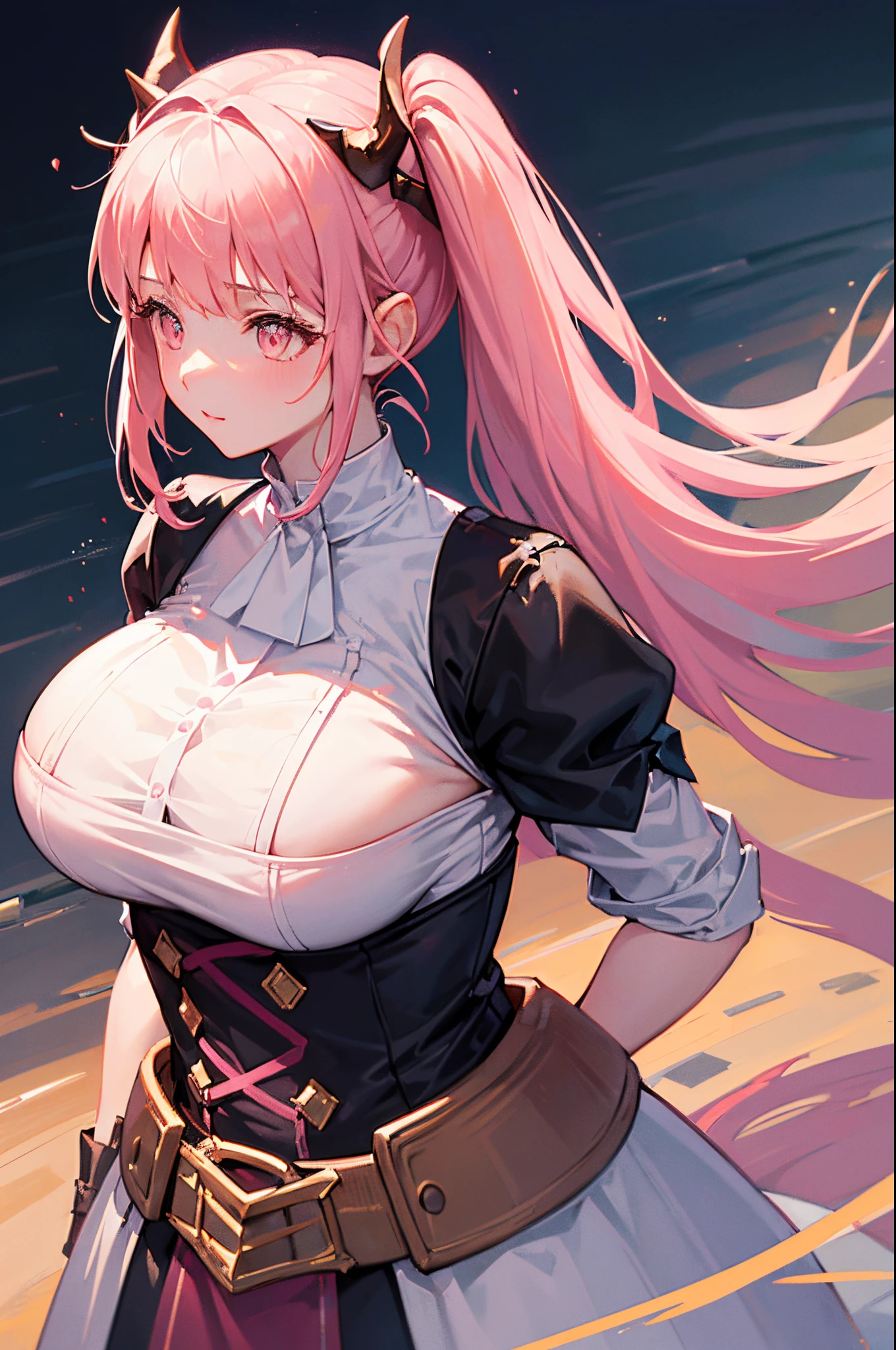 1girl, hilda from fire emblem, hilda, young woman in a white dress, pigtails, pink hair, pink eyes, dragon horns, [[horns]], horned, big horns, arknight style, arknights character, big boobs, art, 4k art, artstation, hd art, hd