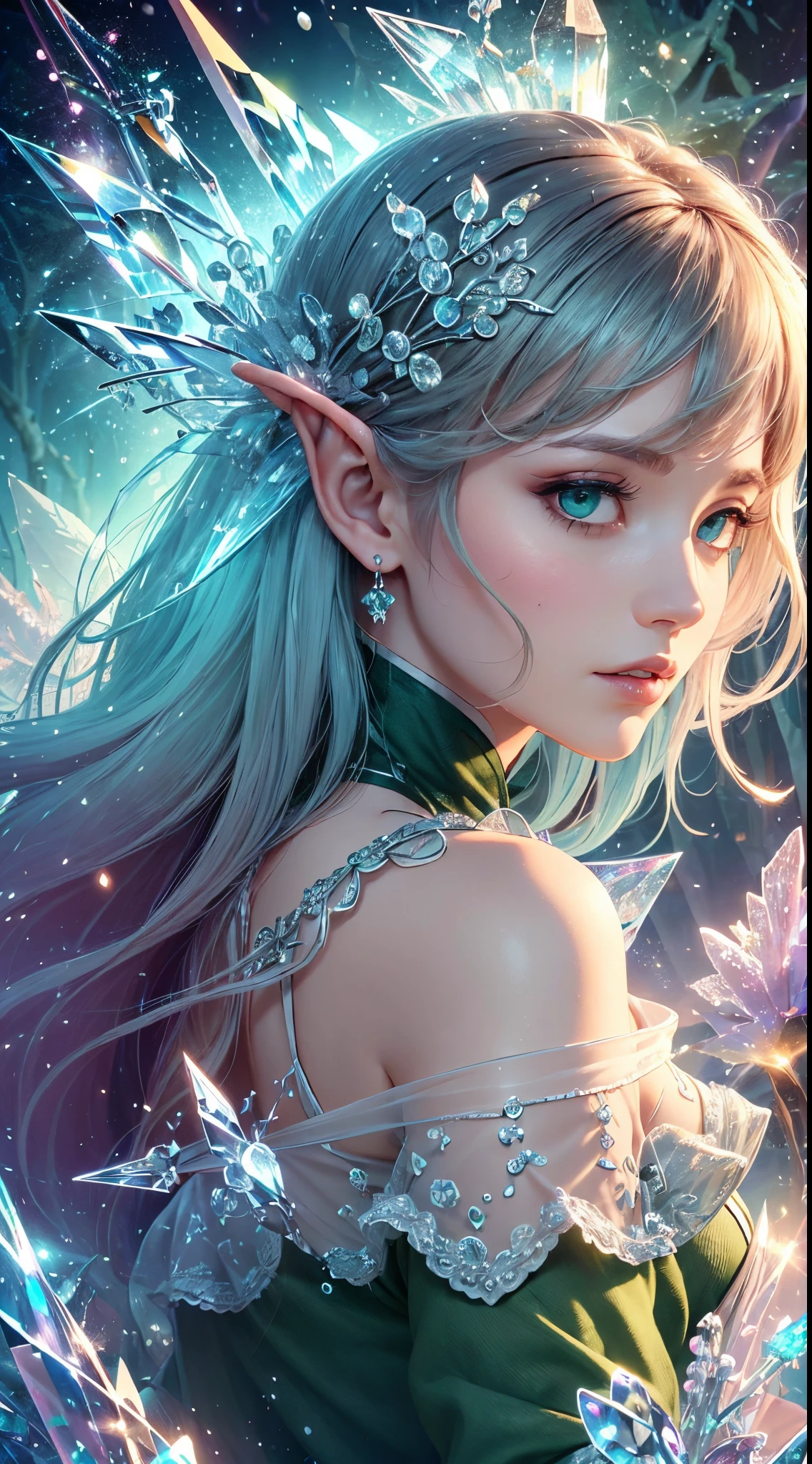 (Masterpiece, Top Quality, Best, Official Art, Beautiful and Aesthetic, Long Exposure: 1.2), Smooth Movement, Charming Patterns, 1 Girl, (Long Dress with Sleeves: 1.3), (((Green Clothes) )), upper body close-up, bare shoulders, Chinese girl, blush, black lob hair, portrait, solo, upper body, looking at the observer, detailed background, detailed face, (crystallineAI, crystalline theme:1.1), elemental wood elf, rotation foliage, control foliage, emerald clothing, dynamic pose, floating particles, ethereal dynamics, foliage, vapor, forest in the background, green tint, forest, ethereal atmosphere,