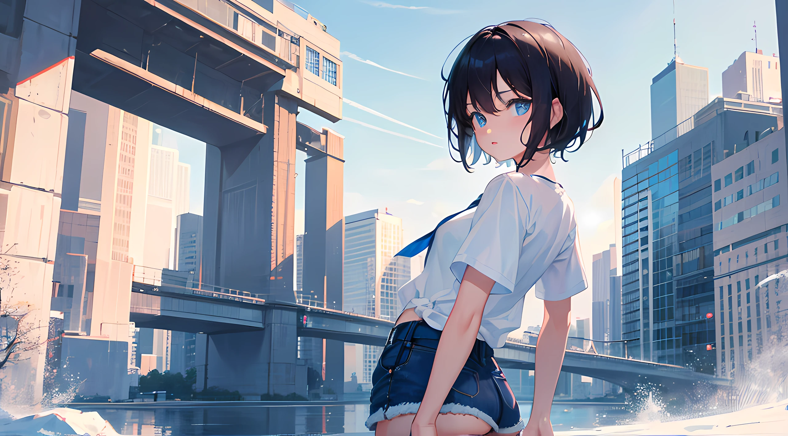 1个Giant Breast Girl, with short black hair, eBlue eyes, Wear a plain white shirt, denim short, 城市, absurd res, A high resolution, Super sharp, 8K, tmasterpiece, looking at viewert