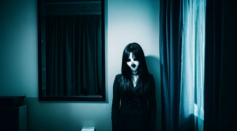 Create me a horror pic of female ghost with scary face in the dark hotel room at night (in the room is dark)