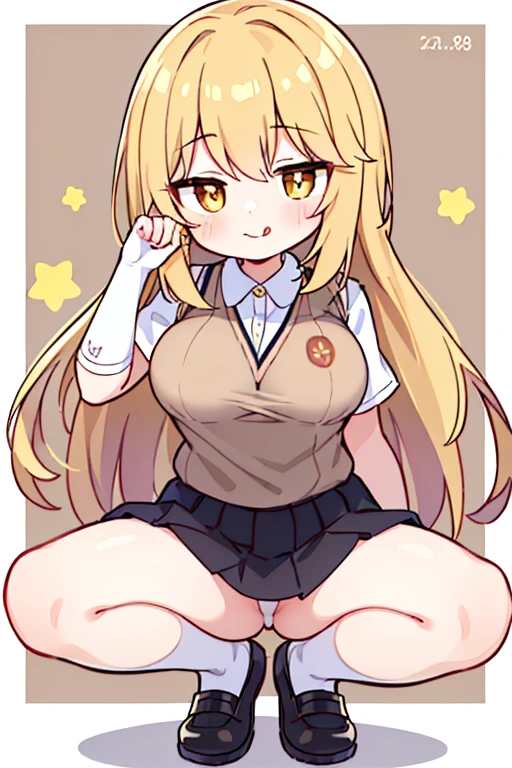 Misaki Shokuhou, Misaki Shokuhou, Blonde hair, hair between eye, Long hair, (symbol-shaped pupils:1.5), (Yellow eyes:1.5), Break Elbow Gloves, (Light brown sweater vest:1.2),White shirt, (Black bra), Pleated skirt, Miniskirt, (top-quality、8K、32K、​masterpiece、nffsw:1.3)、1girl in、(Solo)、((Colossal tits:1.5))、(slender figures、perfect body type:1.2)、(Compressed chest:1.3)、Smile、blush、((Spread your legs wide))、(((Squatting)))、Tongue out、((M-shaped legs))、Delicately designed body((​masterpiece:1.Designed for smooth and beautiful skin。 White background, Breasts squeezed together、Peeing