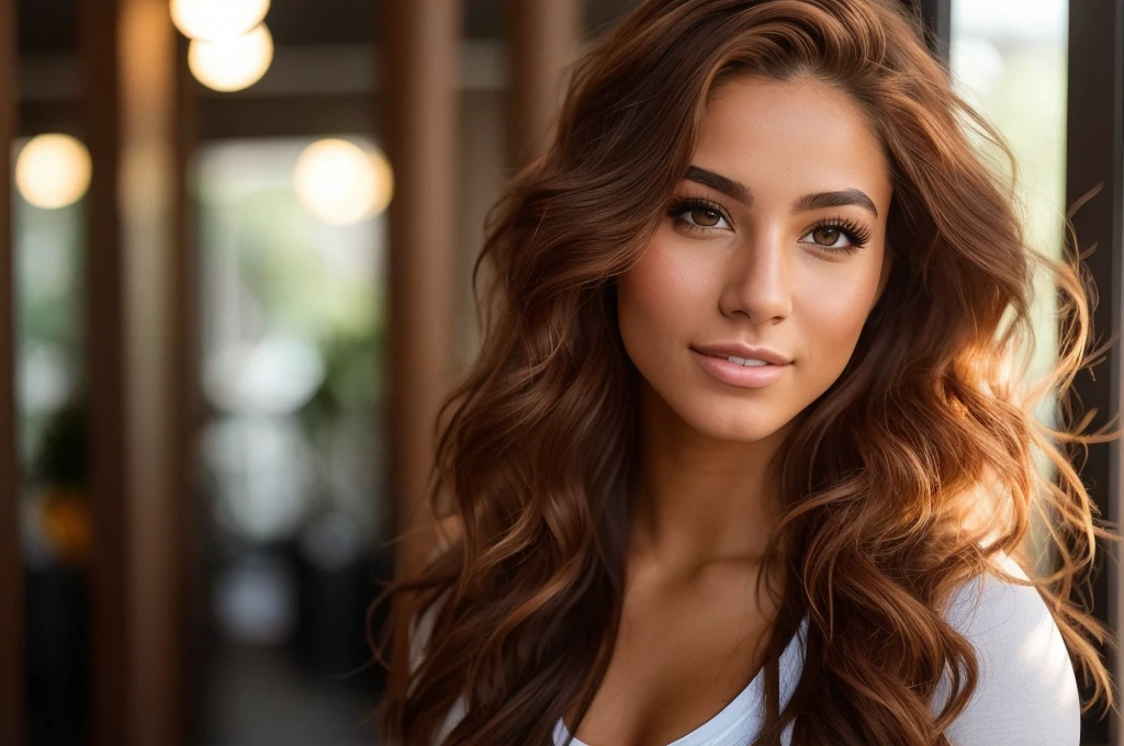 Woman with long brown hair and white shirt,Long curly hair, Portrait of beautiful magician, There are no wrinkles on the beautiful face