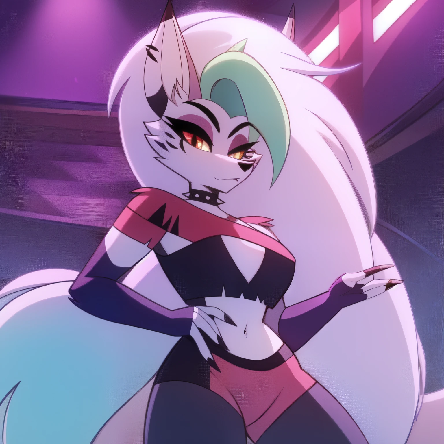 best quality, roxanne fusion with loona and queen bee, solo, furry female, body fur, makeup, sexy clothes, super detailed, high detail eyes, perfect proportion