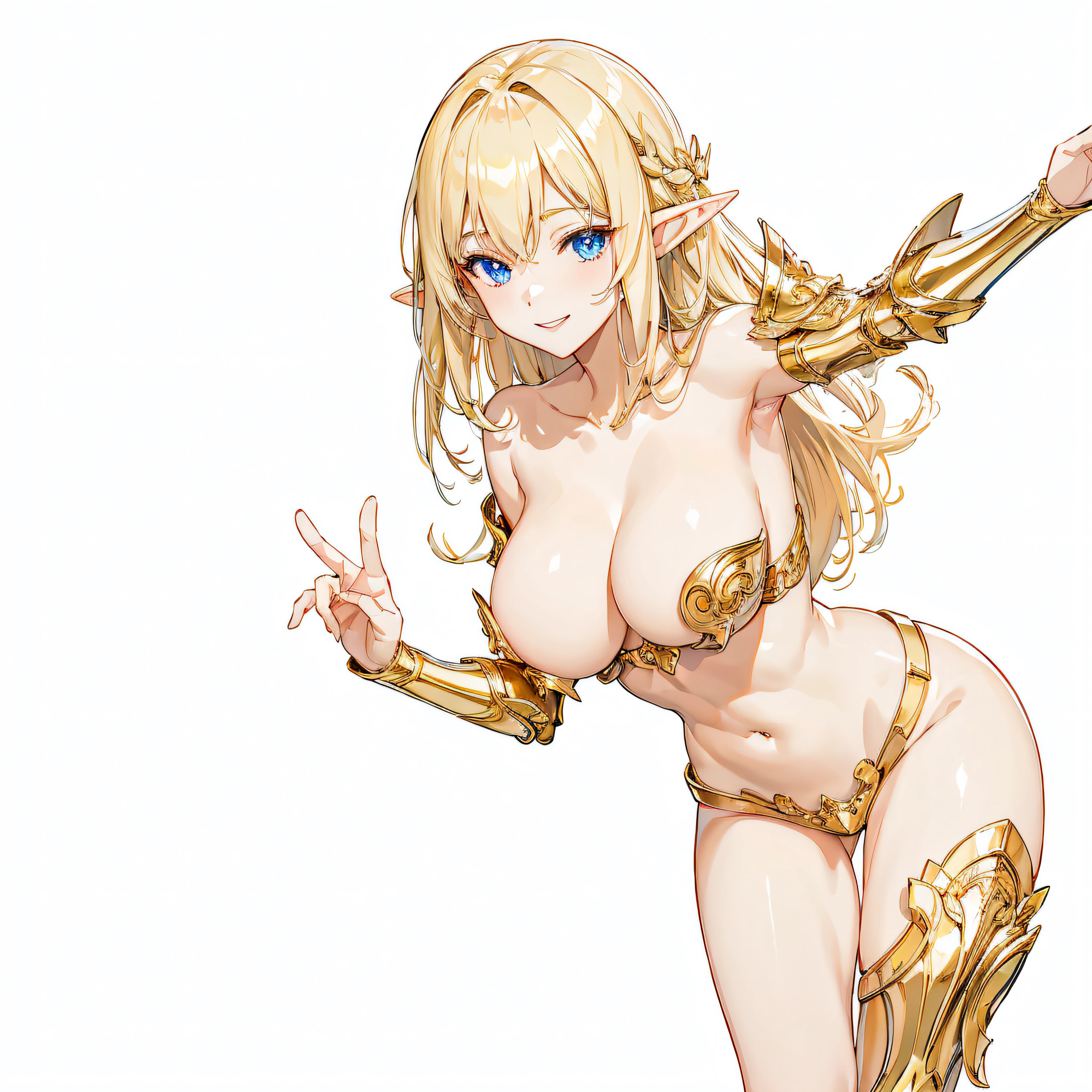 masterpiece、top-quality、ighly detailed、hight resolution、16k、fullnude、Teetoob proportions、golden armour、Very thin skirt、Looks like a black pantal body、Very white skin、Beautiful fingers、Anime girl with very big breasts posing naked、Perfect Style、elvish、no-bra、Blonde blue-eyed、A smile、An elf girl