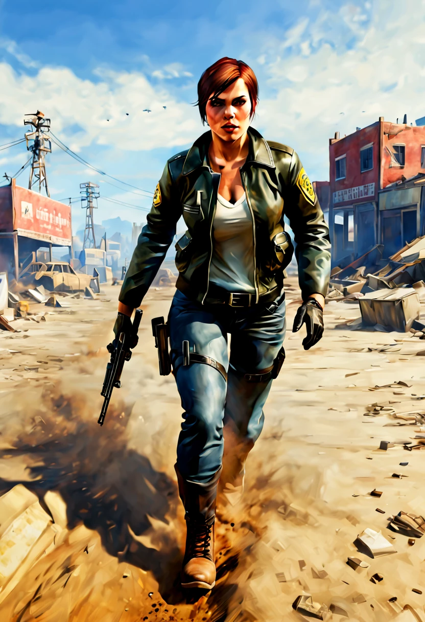 (GTA art, gtav style:1.2), (Motion Blur), (best composition), The female warrior on the wasteland has a resilient temperament. Short hair, old era leather jackets, durable military boots, carrying various combat equipment. Walking on the waste soil, the grass and dust on it fly all over the sky, and the dilapidated buildings and various waste make people feel desolate and hopeless. As the sun sets, the light refracts through the sand and dust, coloring the entire waste soil with a faint red color, creating a desolate and solemn atmosphere, enhance, intricate, (best quality, masterpiece, Representative work, official art, Professional, unity 8k wallpaper:1.3)