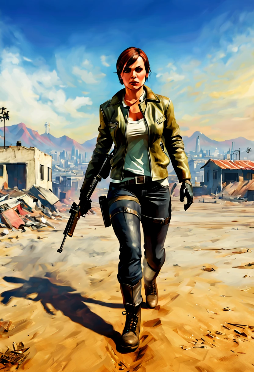 (GTA art, gtav style:1.2), (Motion Blur), (best composition), The female warrior on the wasteland has a resilient temperament. Short hair, old era leather jackets, durable military boots, carrying various combat equipment. Walking on the waste soil, the grass and dust on it fly all over the sky, and the dilapidated buildings and various waste make people feel desolate and hopeless. As the sun sets, the light refracts through the sand and dust, coloring the entire waste soil with a faint red color, creating a desolate and solemn atmosphere, enhance, intricate, (best quality, masterpiece, Representative work, official art, Professional, unity 8k wallpaper:1.3)