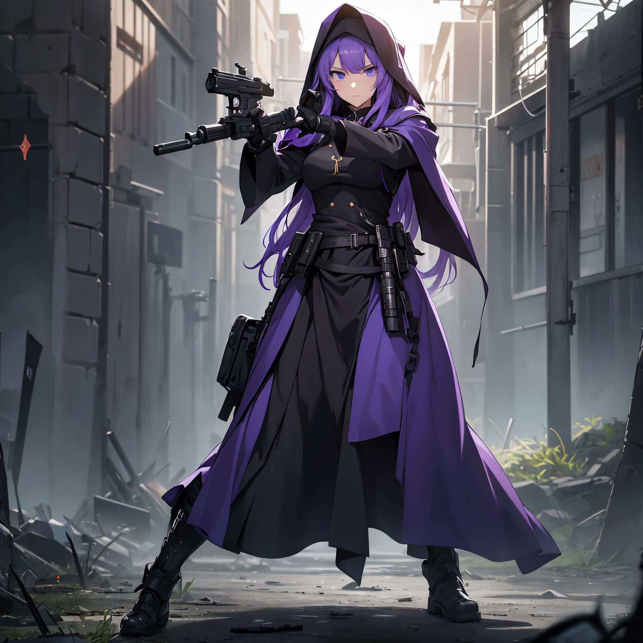 (Religious Priesthood)、Full body depiction、(Stand on a devastated battlefield)、Standing alone、((infp young woman))、semi long hair、Sharp eyes、(Veteran Hero)、The ultra -The high-definition、((Sisters Costume))、Handguns in both hands、inner colored、purple color hair、Blue eyes、(Glaring at the other person)、(ambush)