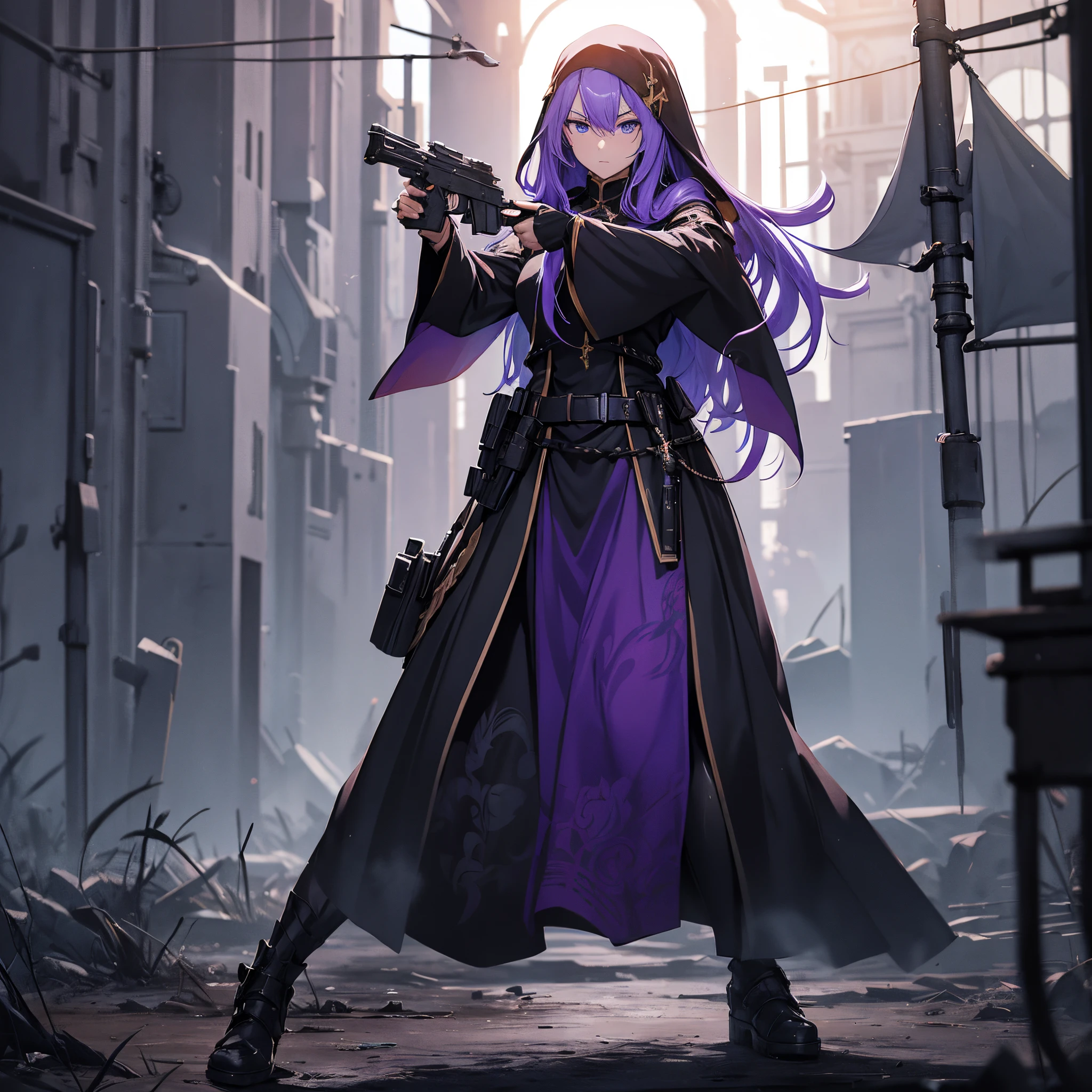 (Religious Priesthood)、Full body depiction、(Stand on a devastated battlefield)、Standing alone、((infp young woman))、semi long hair、Sharp eyes、(Veteran Hero)、The ultra -The high-definition、((Sisters Costume))、Handguns in both hands、inner colored、purple color hair、Blue eyes、(Glaring at the other person)、(ambush)